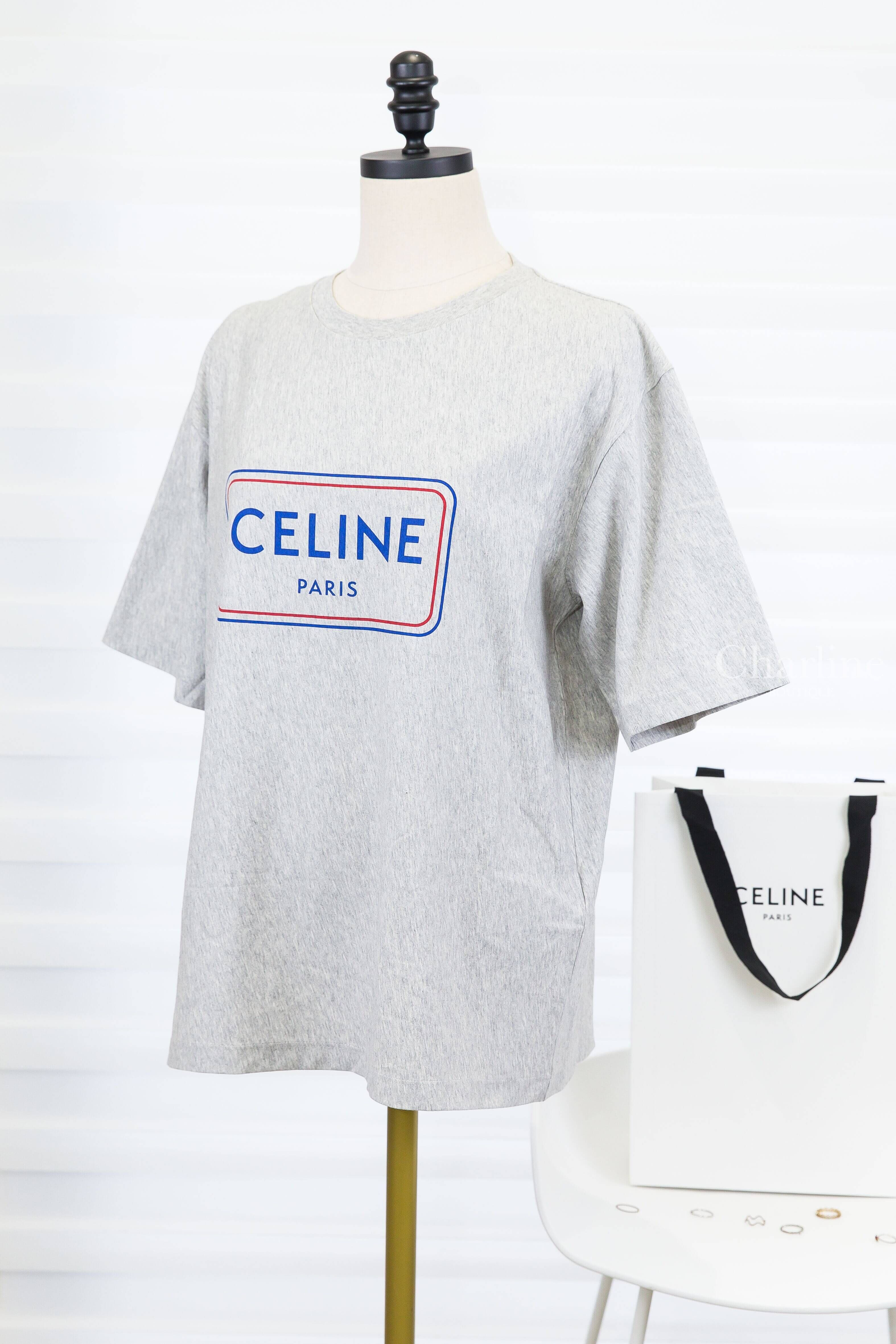 Celine Loose T-shirt In Cotton Jersey 灰底藍紅線條方框藍色字母 Logo 短袖棉T-Charline Boutique 精品代購