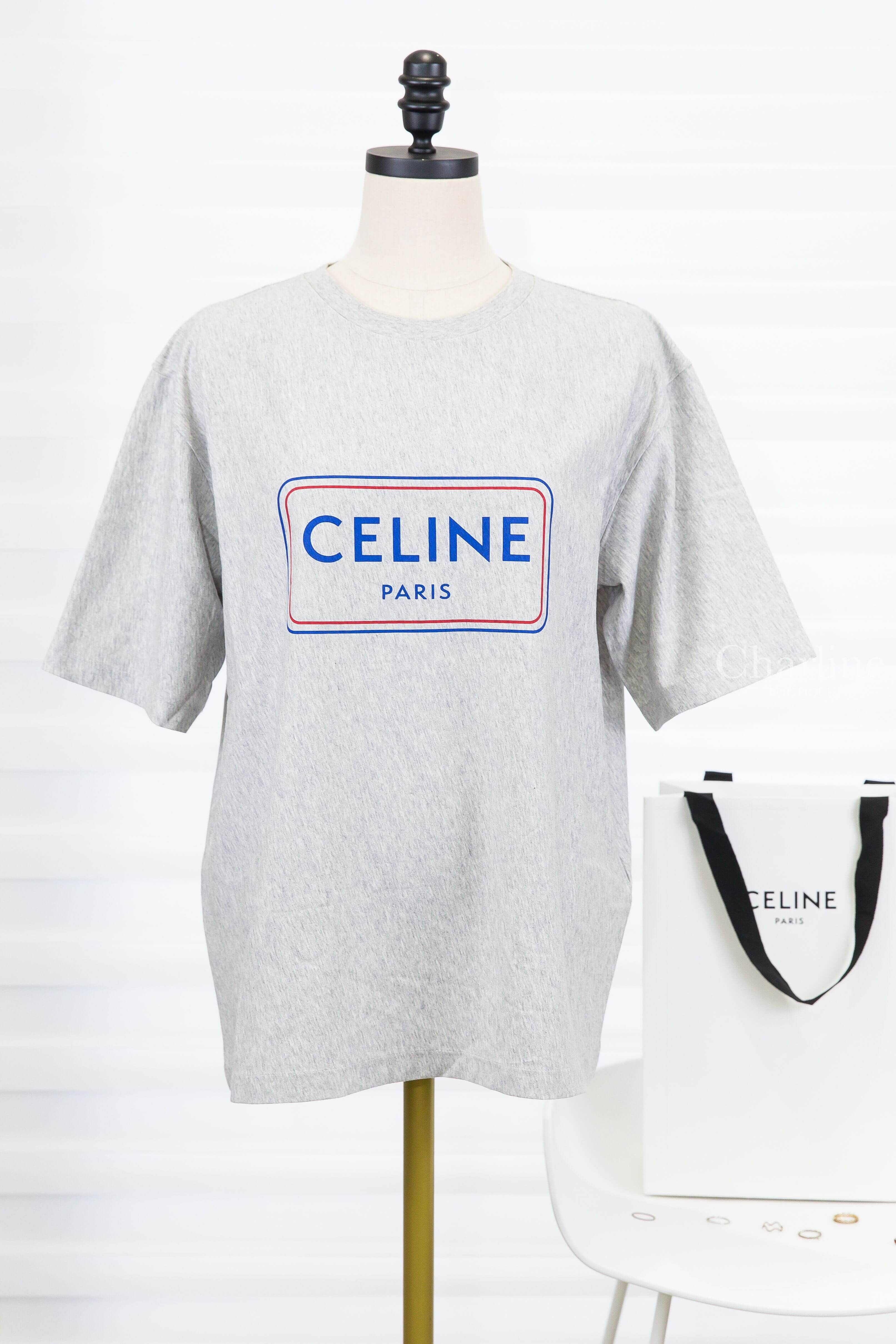 Celine Loose T-shirt In Cotton Jersey 灰底藍紅線條方框藍色字母 Logo 短袖棉T