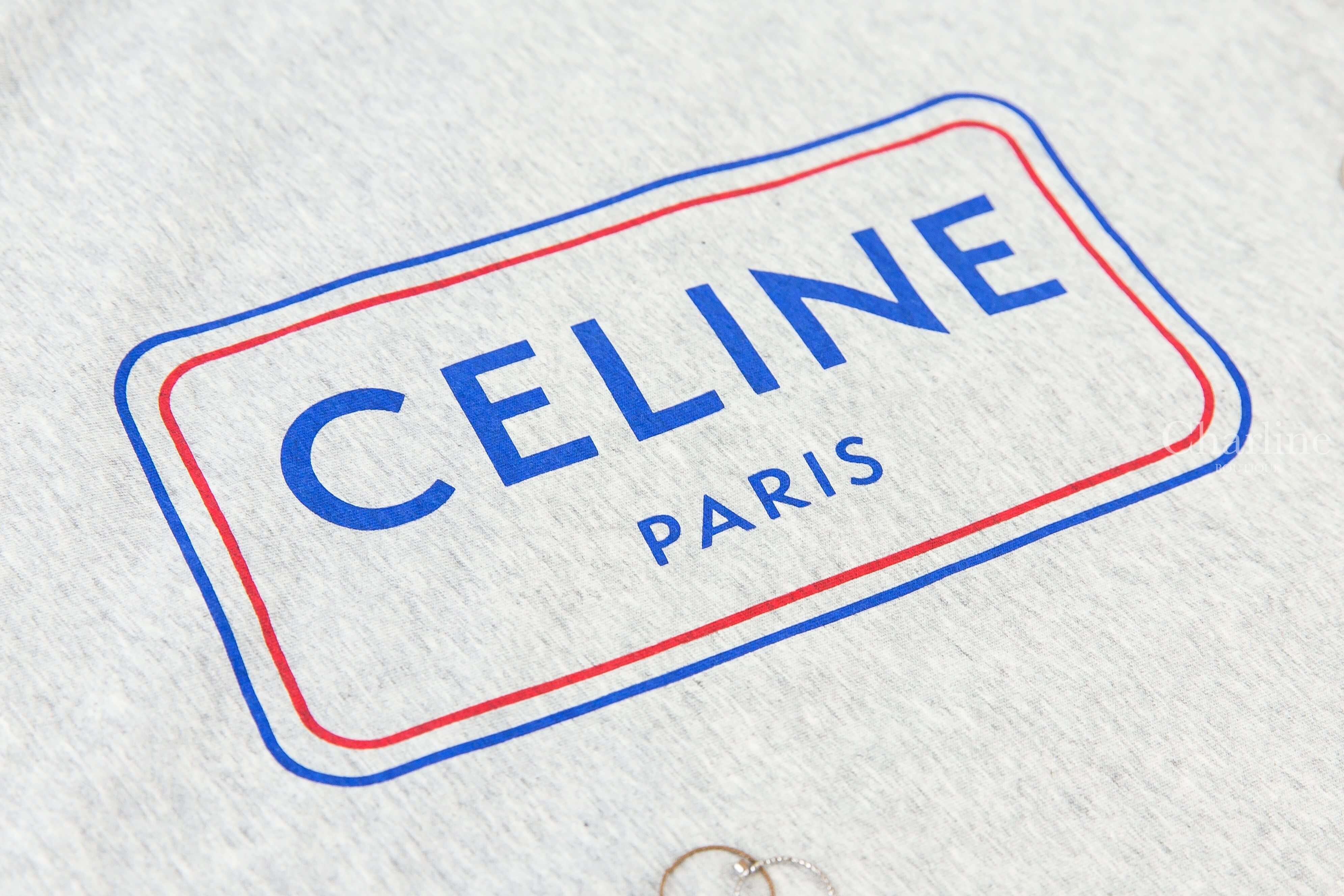 Celine Loose T-shirt In Cotton Jersey 灰底藍紅線條方框藍色字母 Logo 短袖棉T