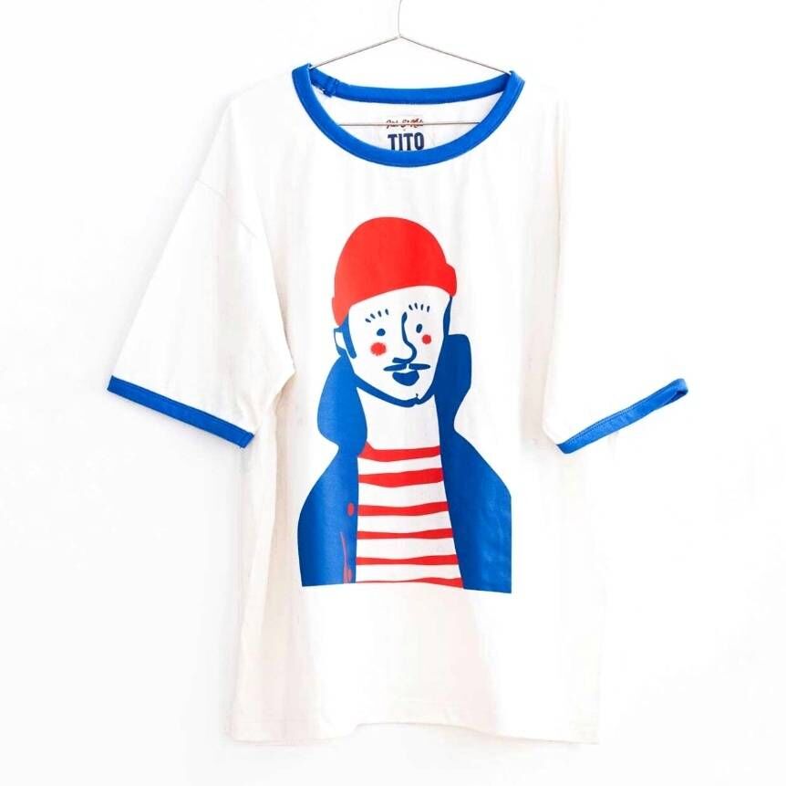 FISH&KIDS 西班牙聯名臉紅男孩滾邊寬鬆T恤(大人款) CONTRAST COLOR T-SHIRT - WHITE