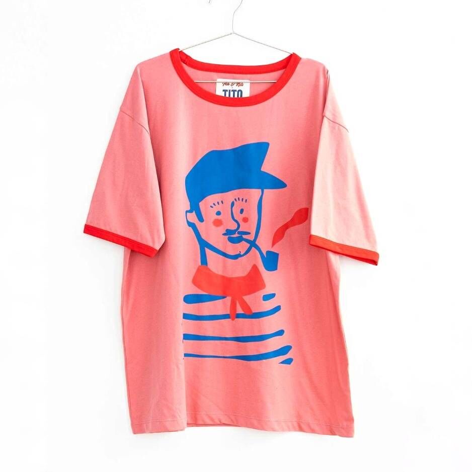 FISH&KIDS 西班牙聯名臉紅男孩滾邊寬鬆T恤(大人款) CONTRAST COLOR T-SHIRT - PINK