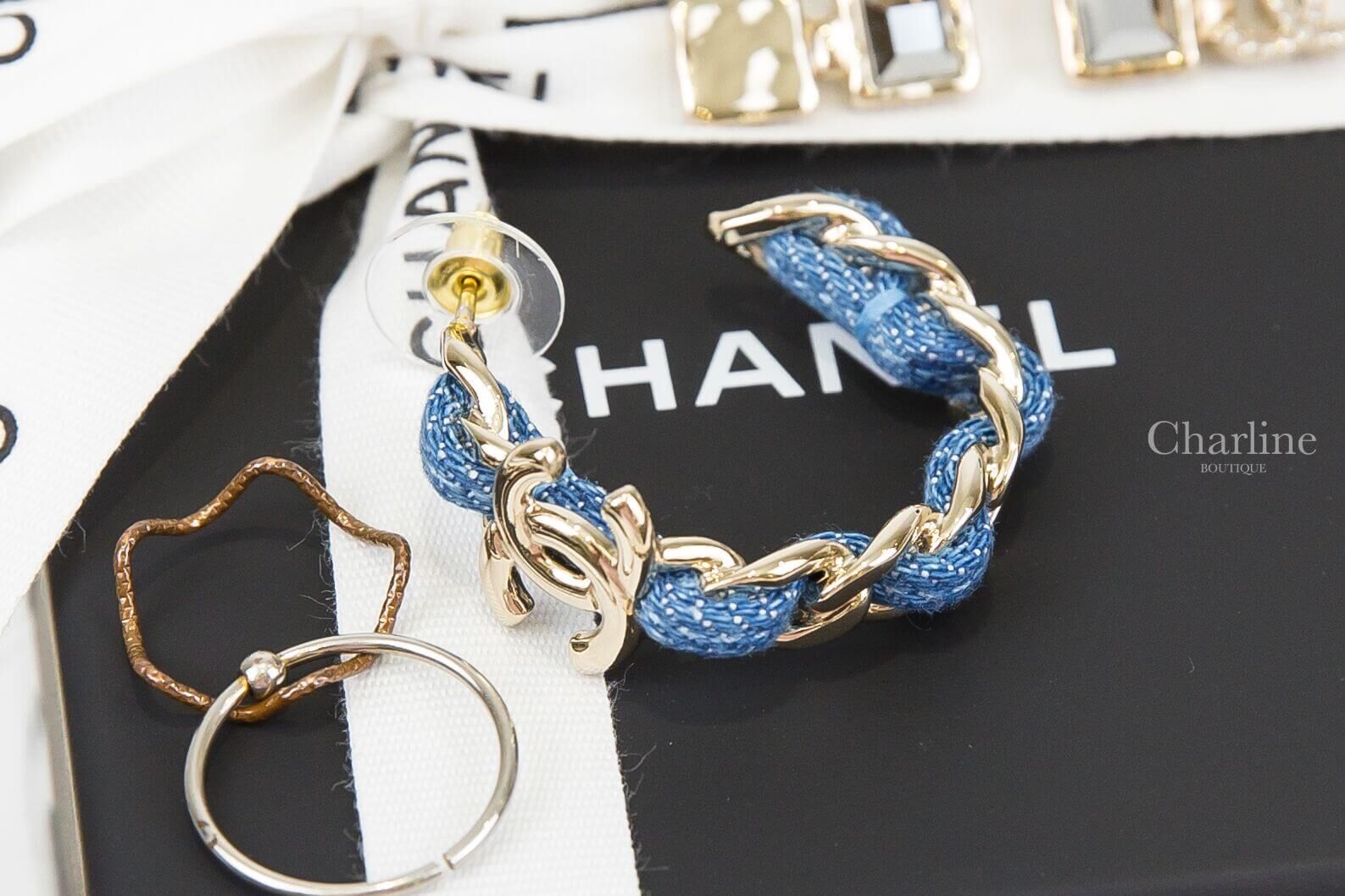 Chanel Hoop Earrings 丹寧藍金色CC牛仔布穿鍊圓圈耳環