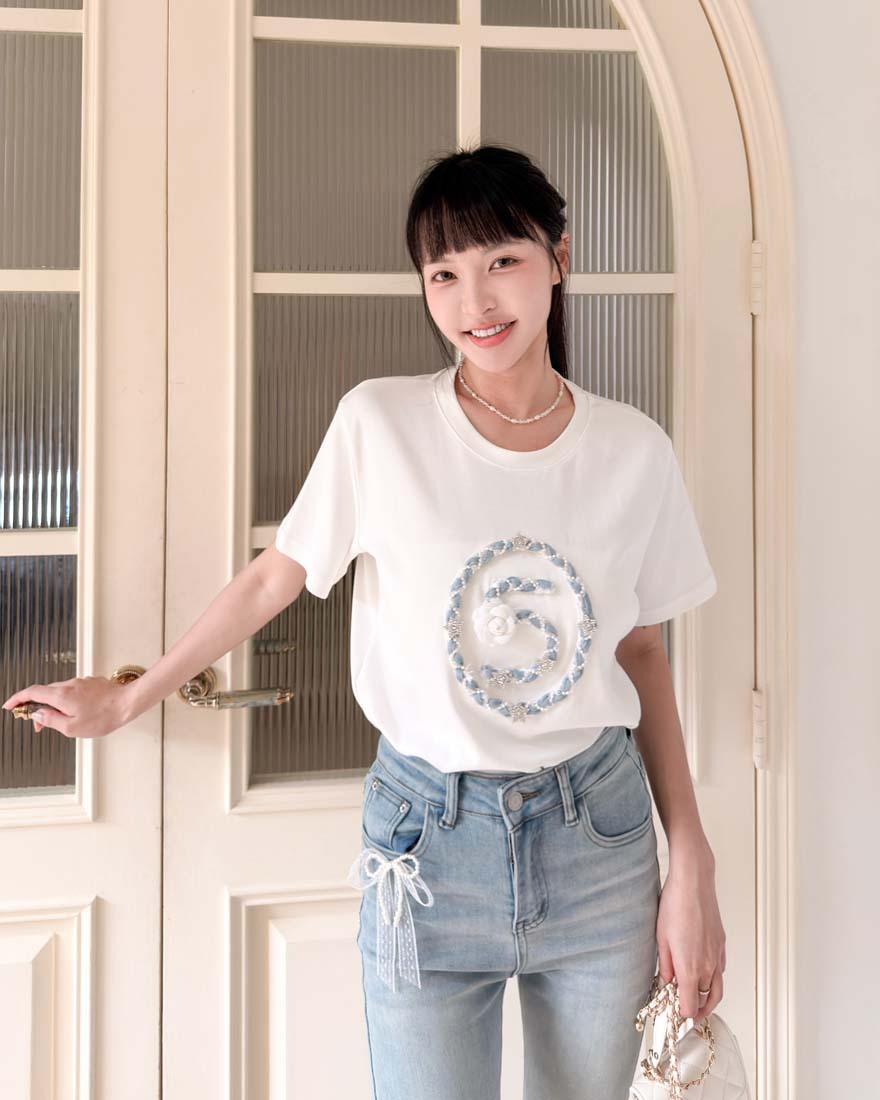 LINA LINA貴氣記事小香風串珠毛線星星標語棉T-時尚白