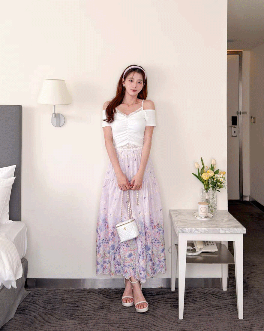 LINA LINA著迷繪影滿版刺繡水彩花卉鬆緊長裙-優美紫