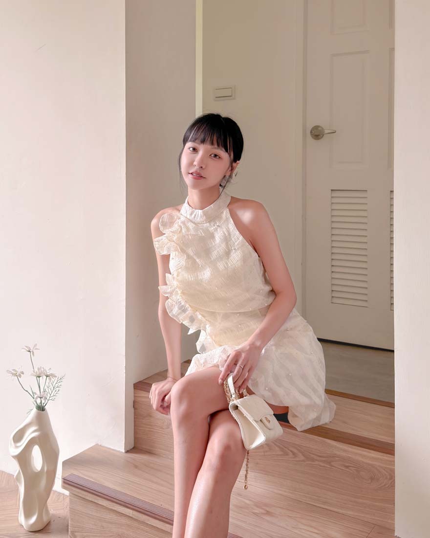 LINA LINA名媛香頌滿版珍珠燙鑽荷葉削肩洋裝-優雅杏S/M
