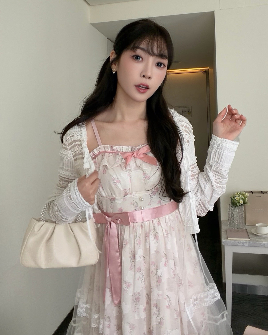 LINA LINA唯美甜夢花卉光影網紗蝴蝶結洋裝-白X粉