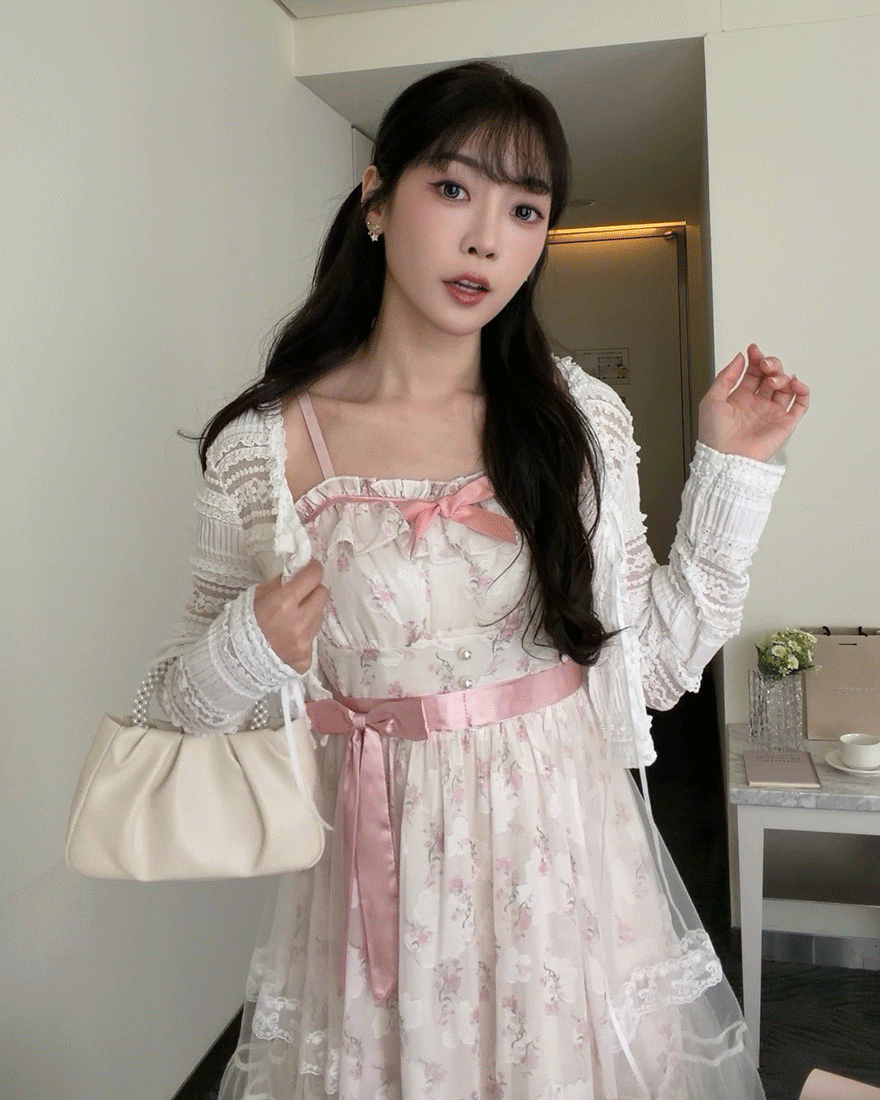 LINA LINA唯美甜夢花卉光影網紗蝴蝶結洋裝-白X粉