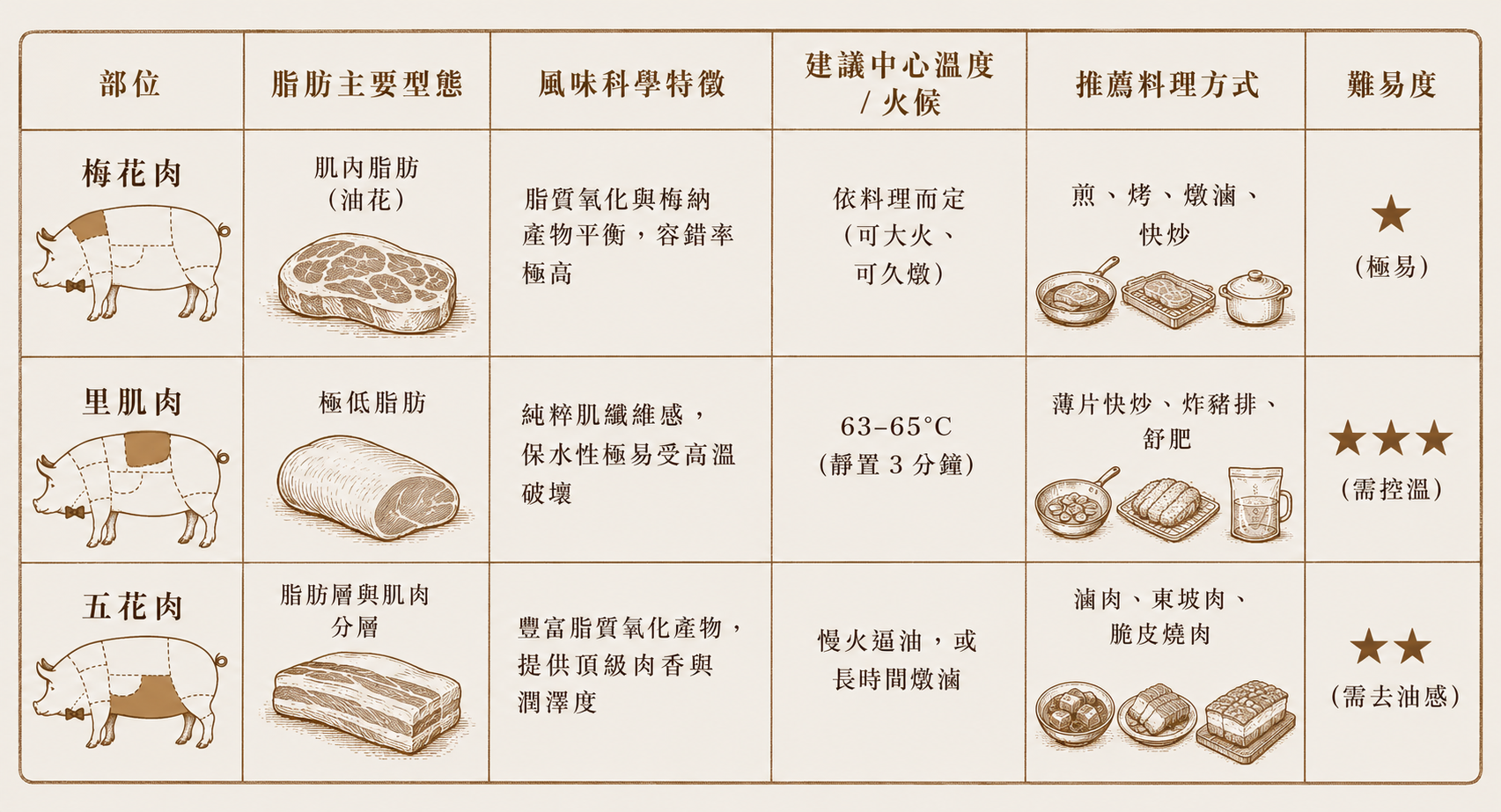 豬肉部位綜合科學比較表