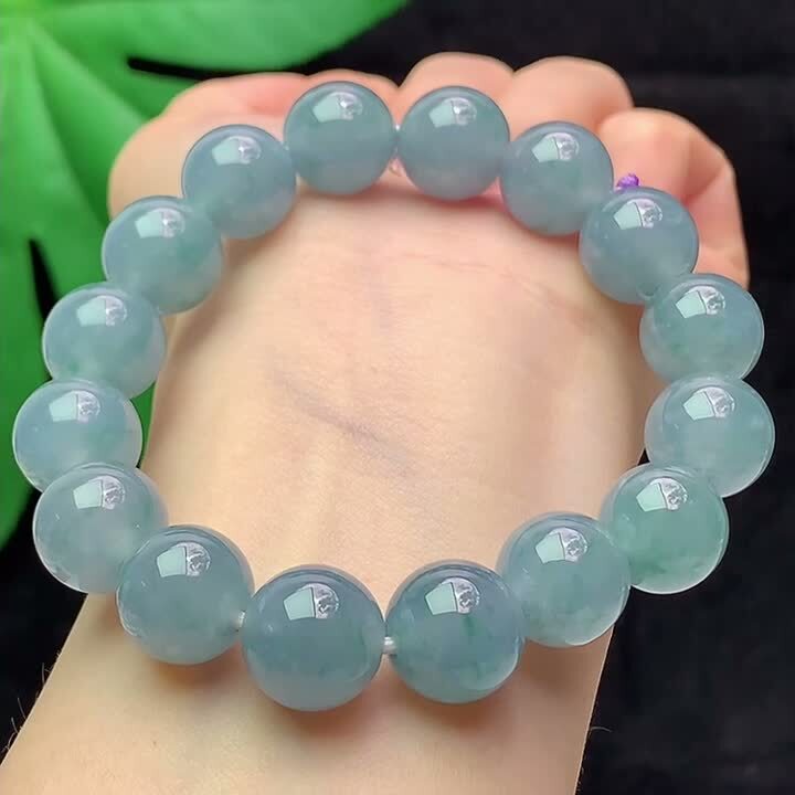翡翠冰藍水飄花手串 (12.9mm直徑),天然翡翠A玉, 緬甸玉, Jade, Jadeite
