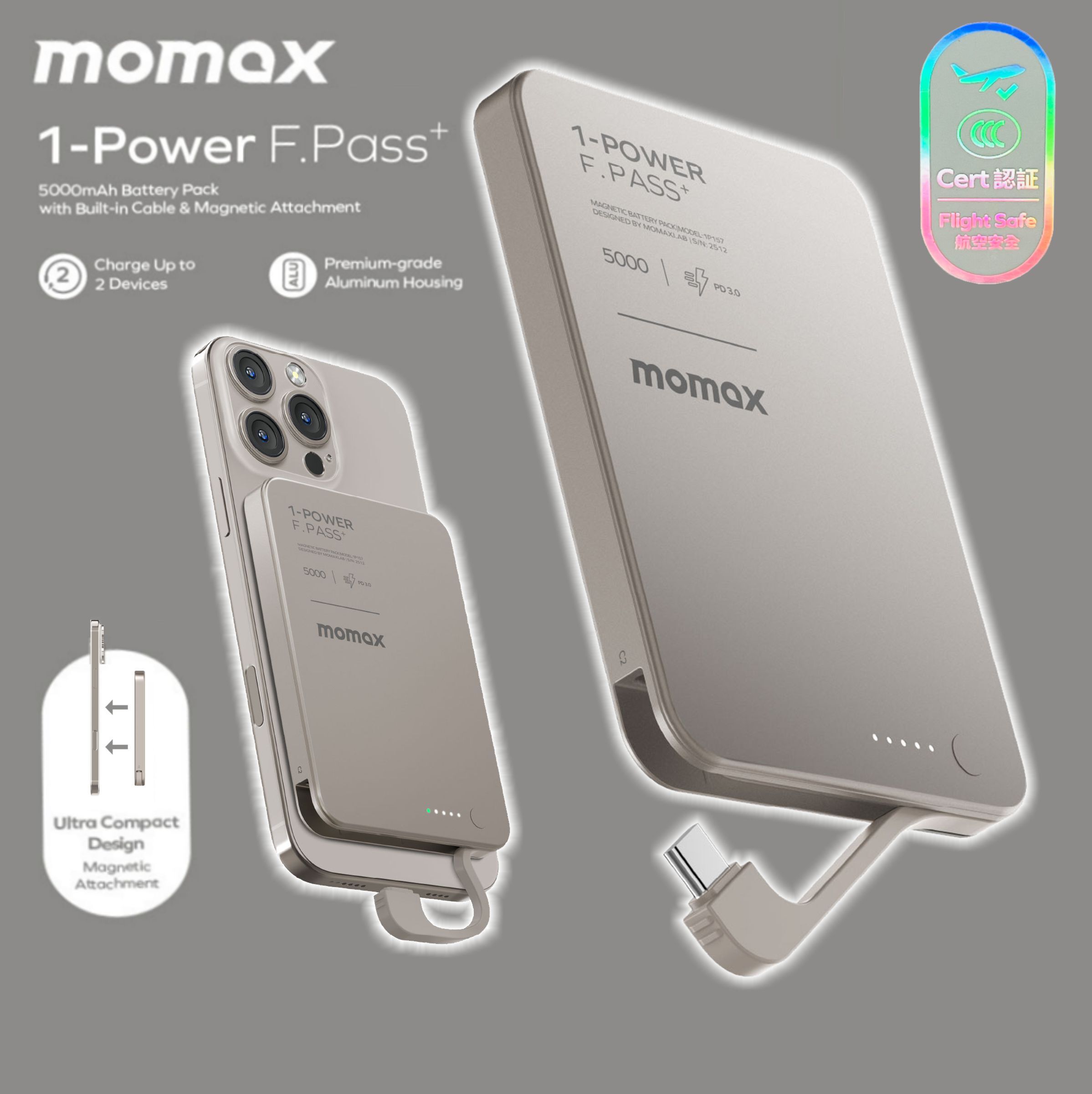 MOMAX 1-Power F.Pass+ 5000mAh 磁力帶線流動電源 鈦色 #IP157L《CCC認證》《香港行貨》《2年保養》