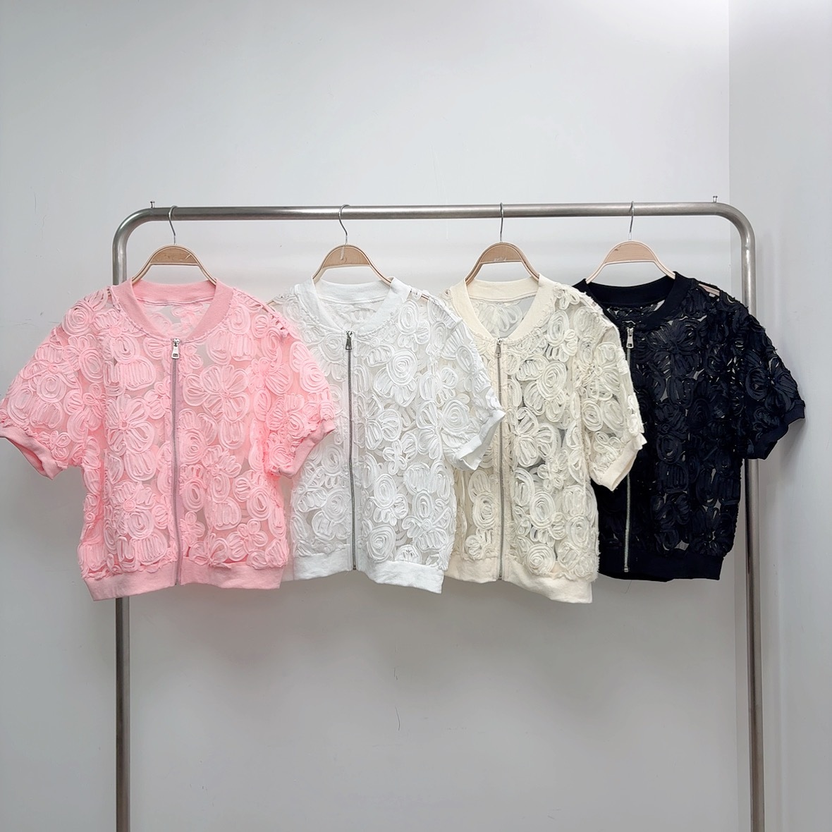 【預訂】立體紗網花花短袖寬鬆拉鍊外套 (S45-S48)