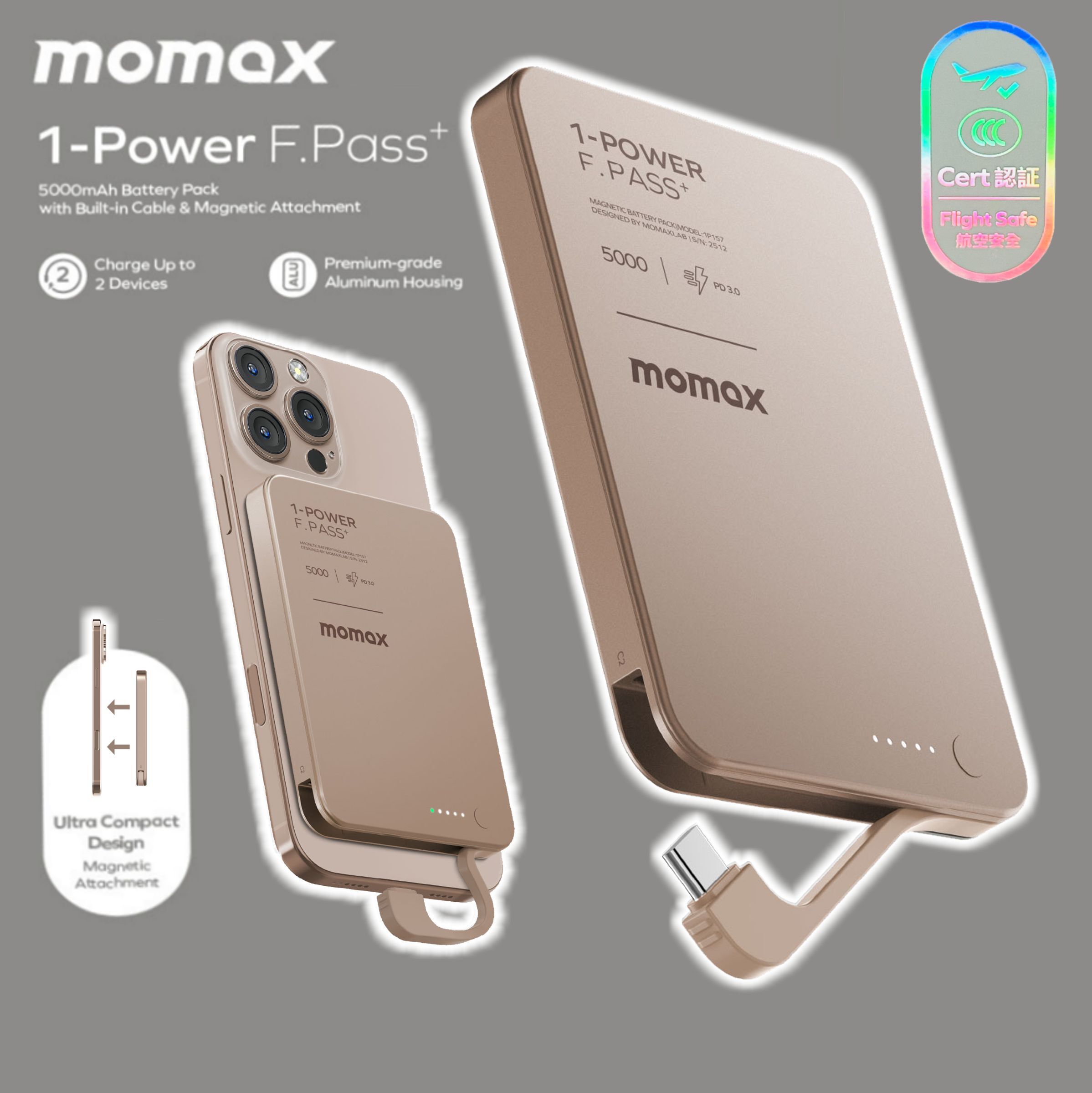 MOMAX 1-Power F.Pass+ 5000mAh 磁力帶線流動電源 砂金 #IP157L2《CCC認證》《香港行貨》《2年保養》