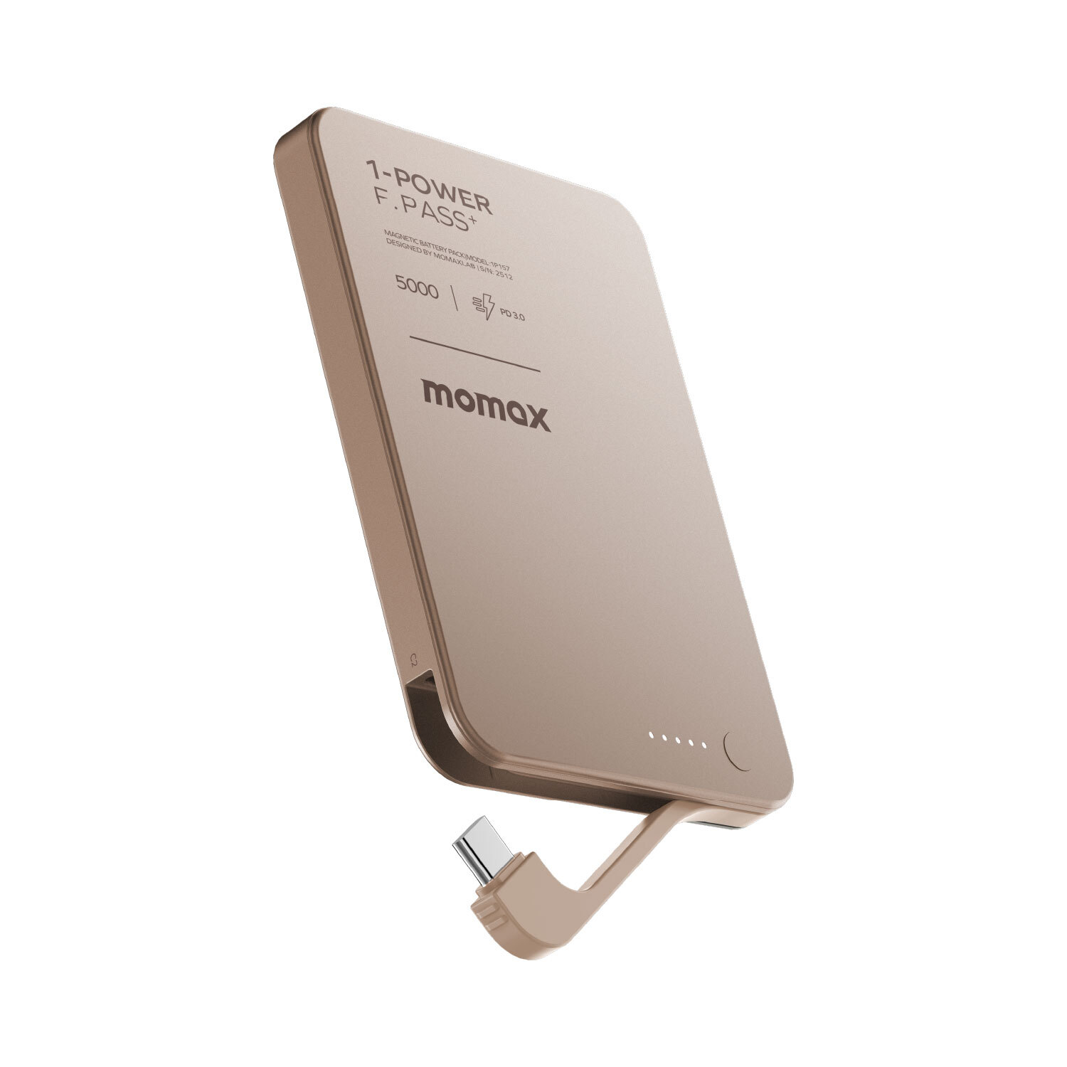 MOMAX 1-Power F.Pass+ 5000mAh 磁力帶線流動電源 砂金 #IP157L2《CCC認證》《香港行貨》《2年保養》