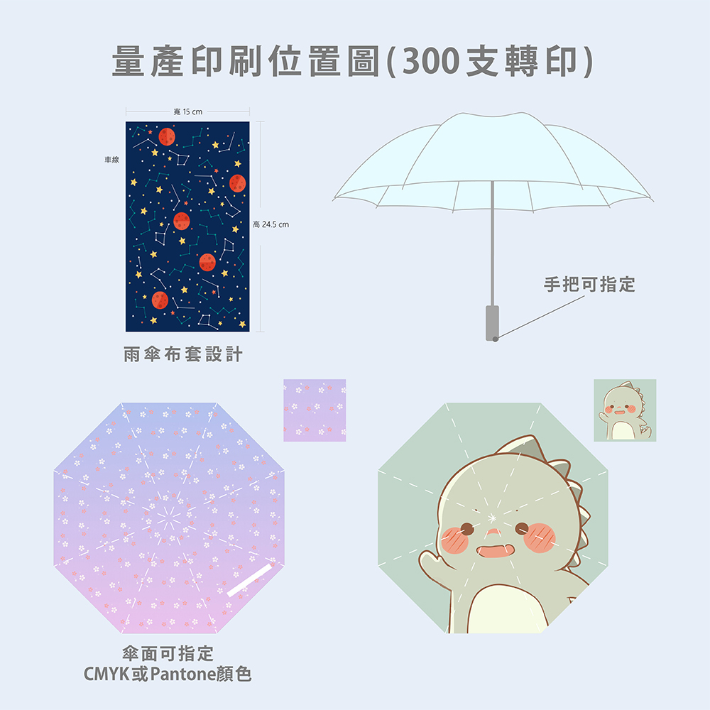 量產印刷位置圖300支轉印。雨傘布套設計,手把可指定,傘面可指定CMYK或Pantone顏色。
