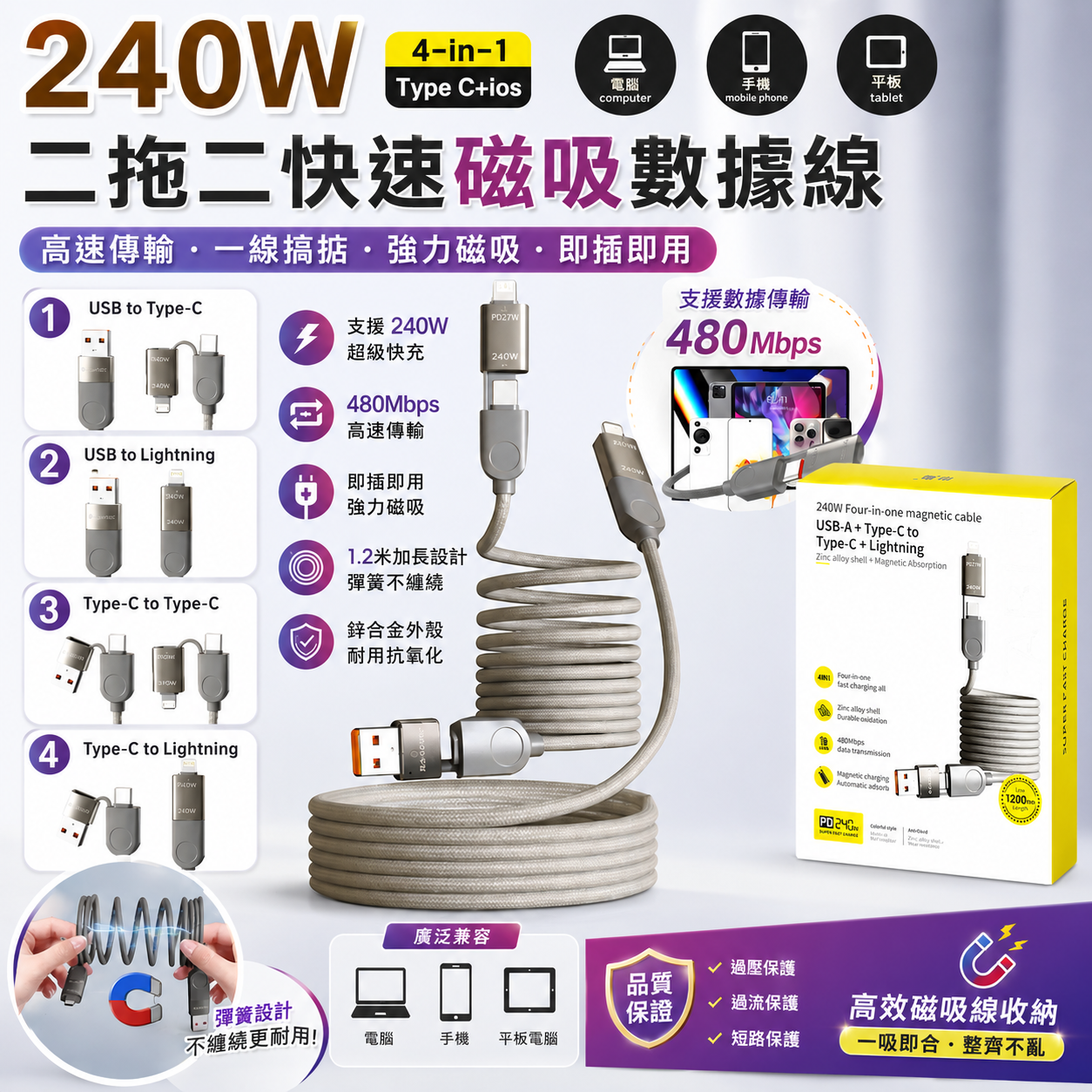 【UB9405】240W二拖二快速磁吸數據線