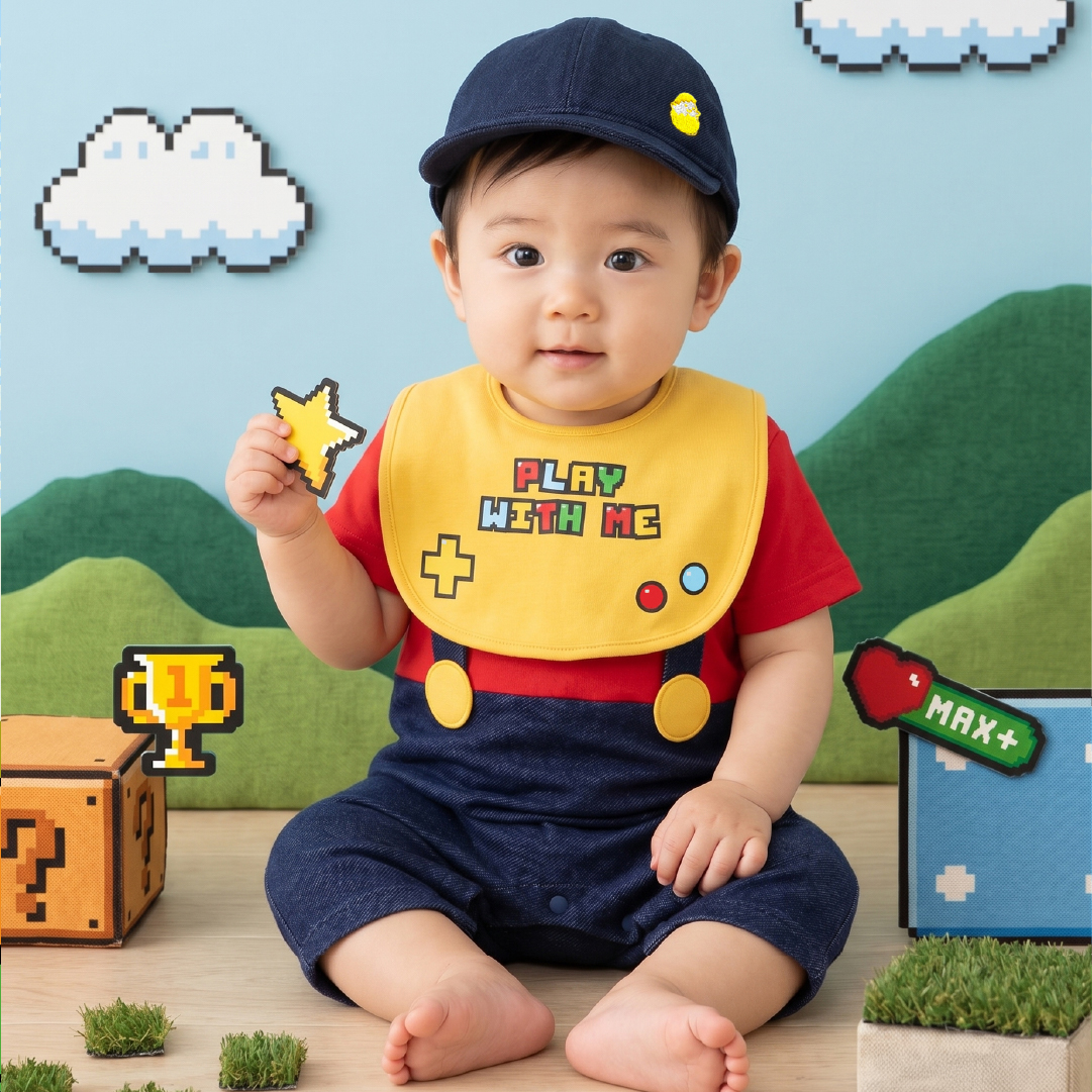 Super Be-rio 牛仔假兩件短袖連身衣連帽及雙面口水肩