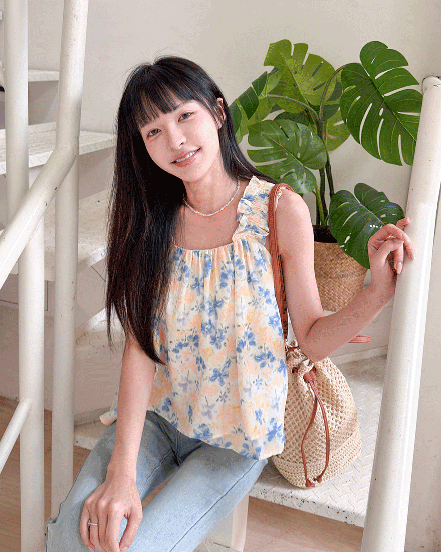 LINA LINA亮彩美色暈染花卉荷葉袖層次上衣-藍X黃