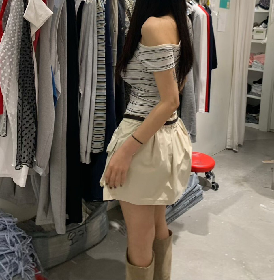 低腰蓬口袋短褲裙