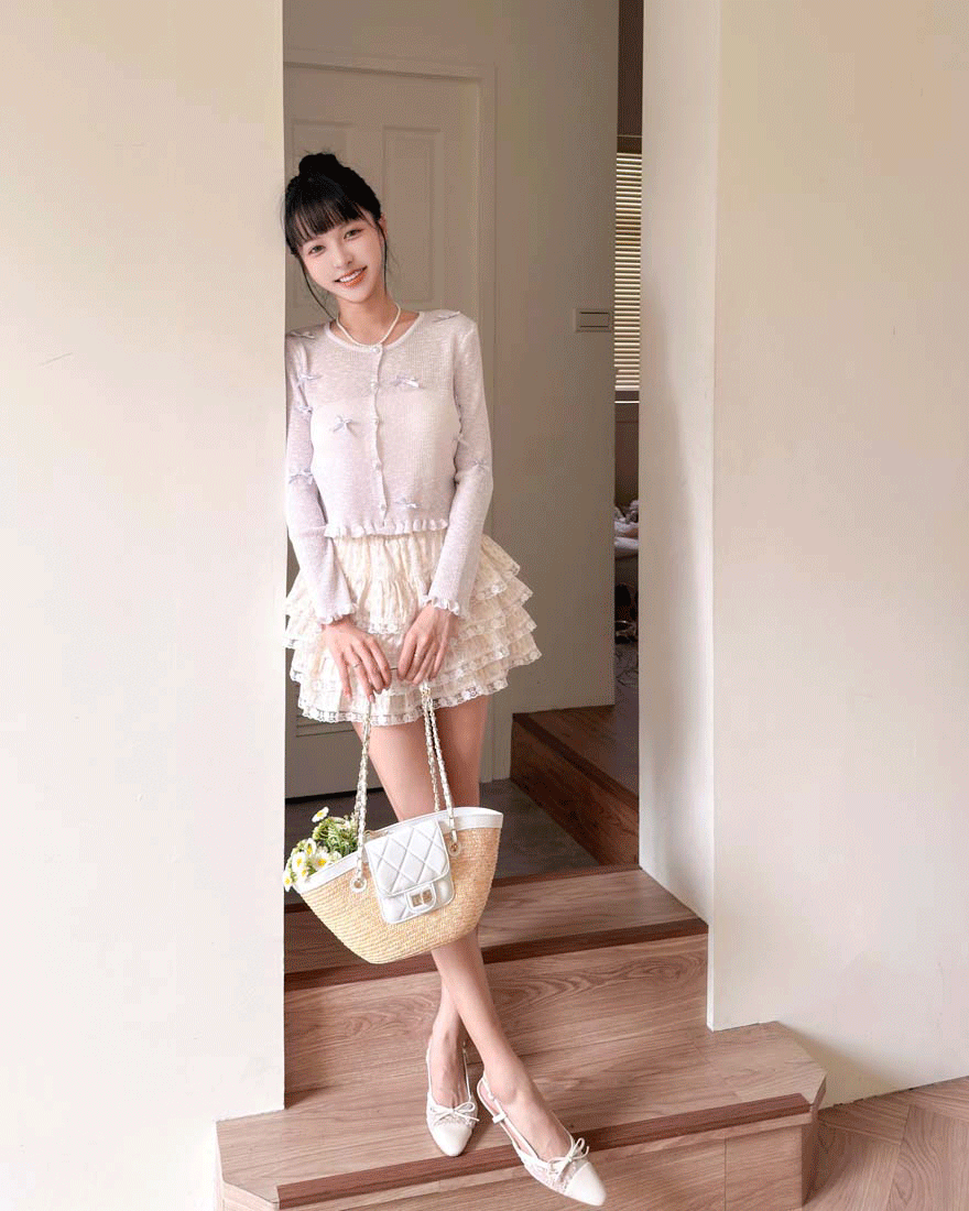 LINA LINA唯美甜意碎花蕾絲滾邊層次蛋糕短裙-淡雅黃