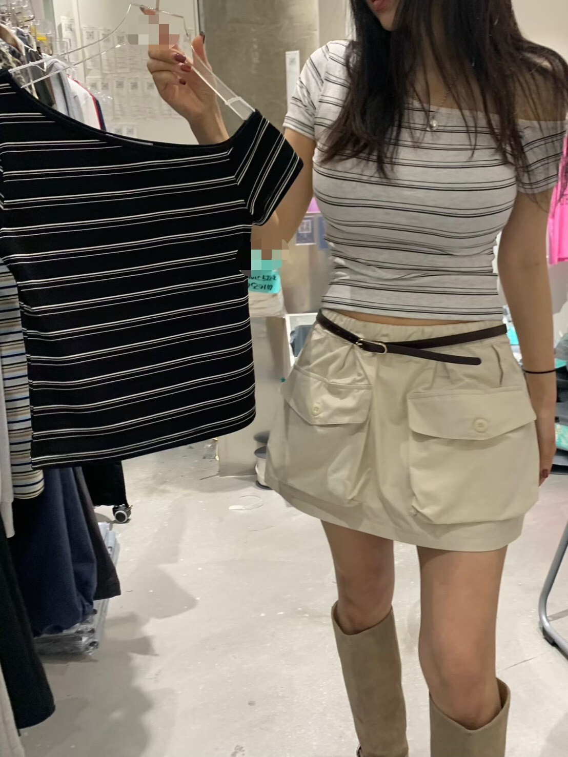露單肩條紋t