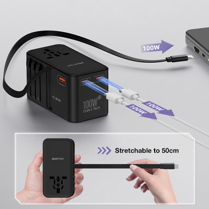 【Valore UTA-003】100W 全球通用旅行轉接器 (內建伸縮線版)