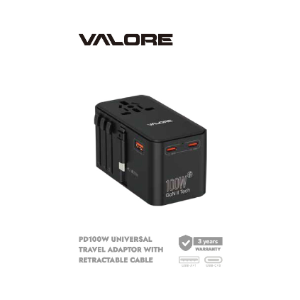 【Valore UTA-003】100W 全球通用旅行轉接器 (內建伸縮線版)