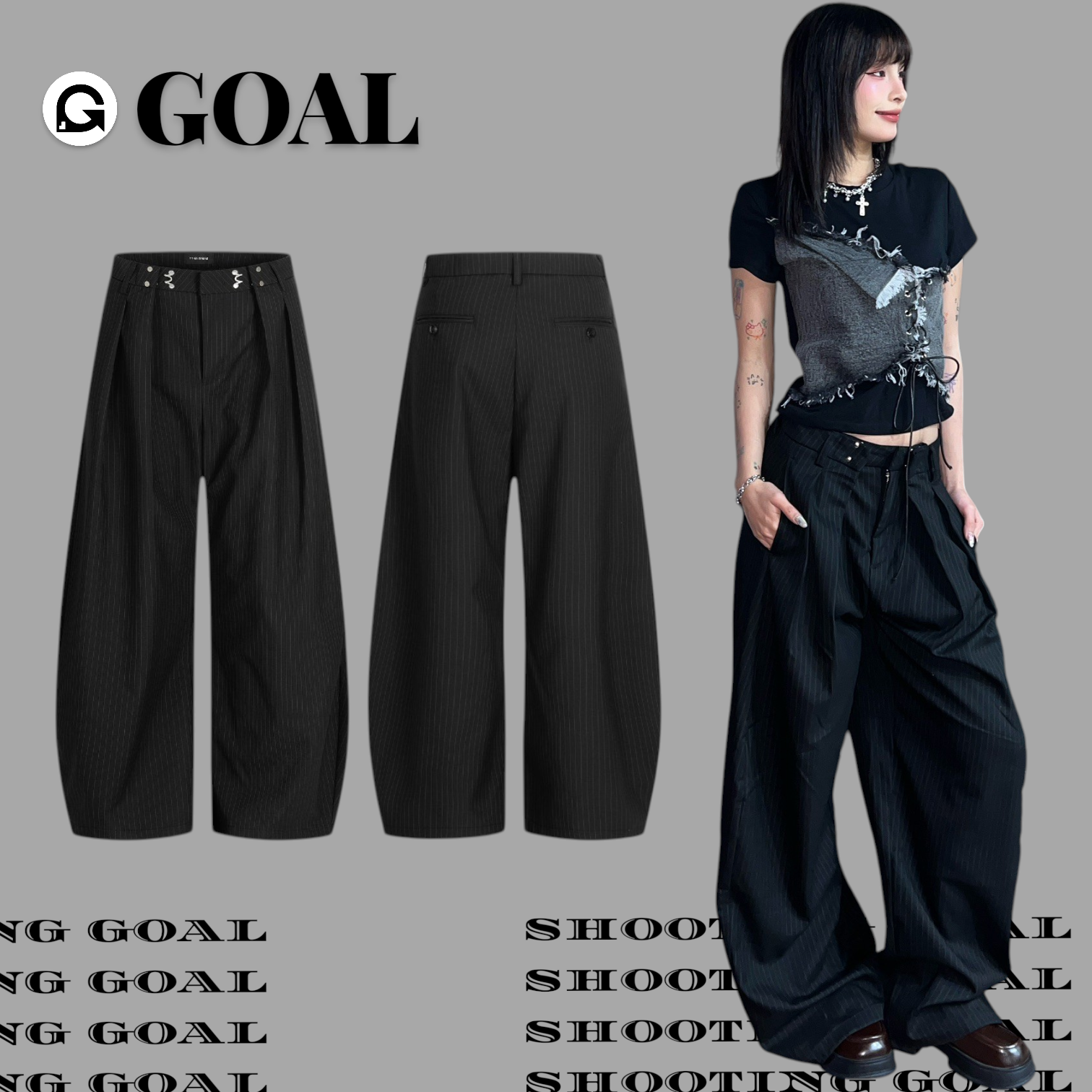 (GOAL)打褶條紋西裝落地彎刀褲 CK6857 Y6059