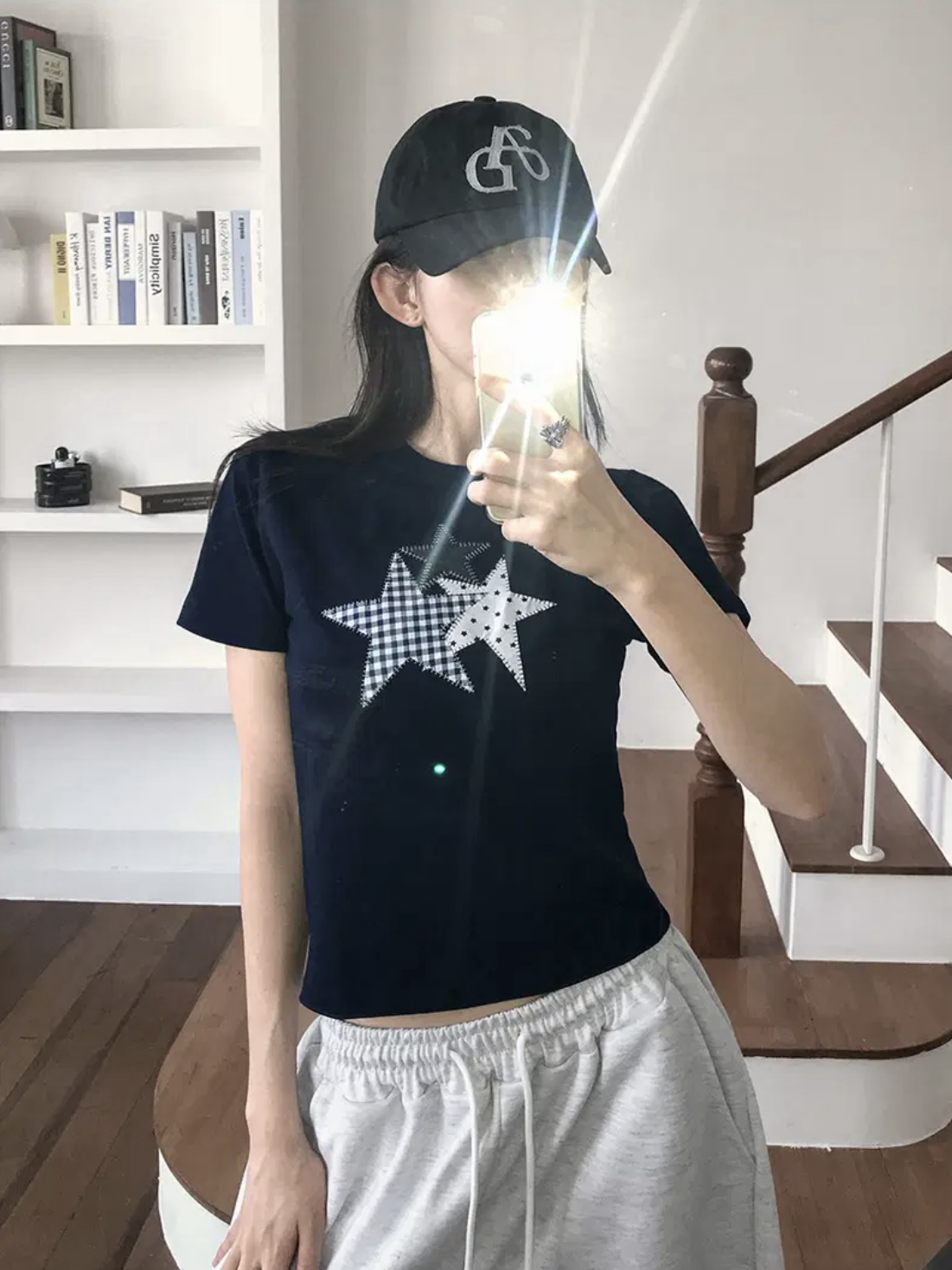 牛仔格紋星星拼布上衣