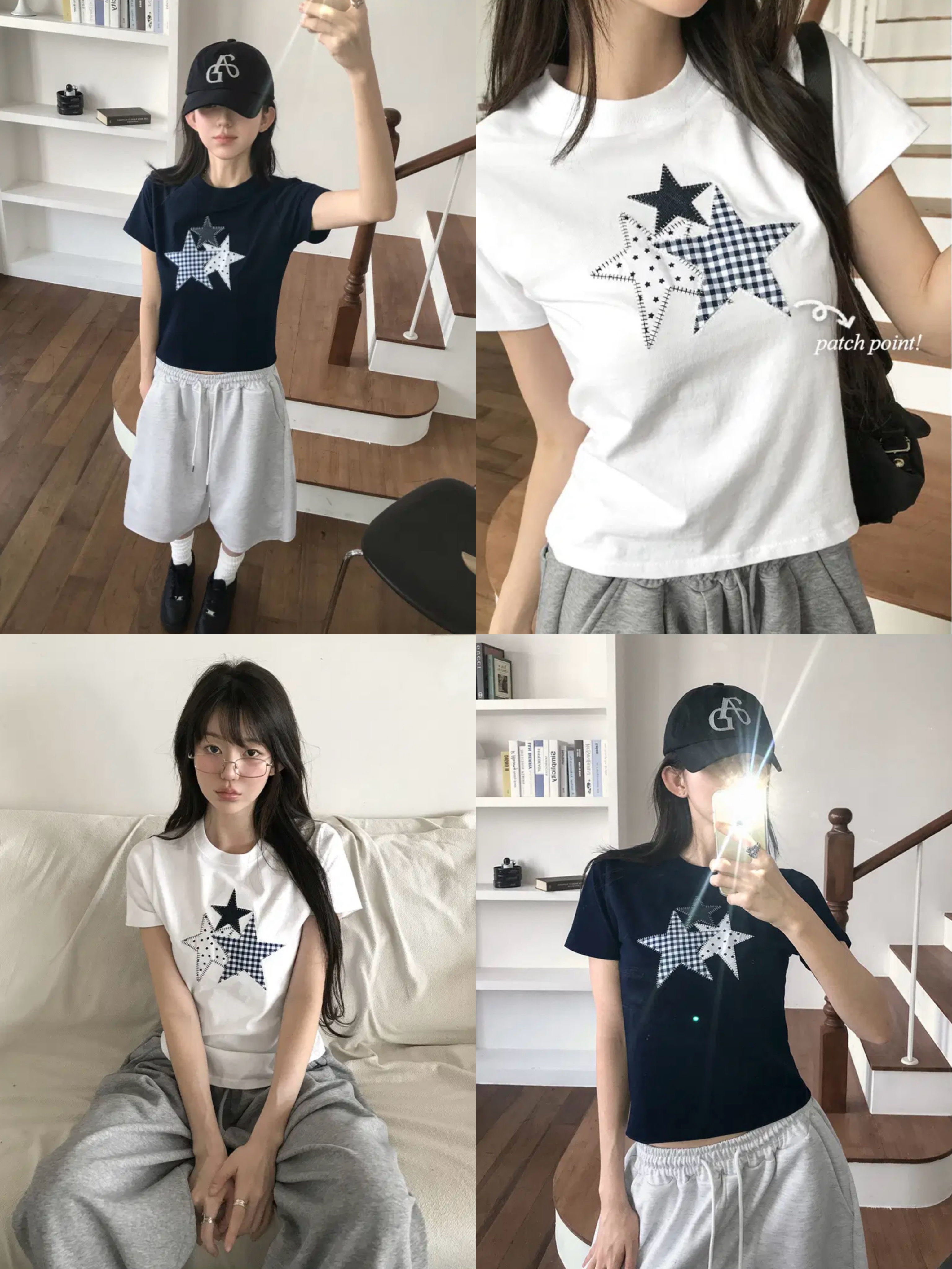 牛仔格紋星星拼布上衣