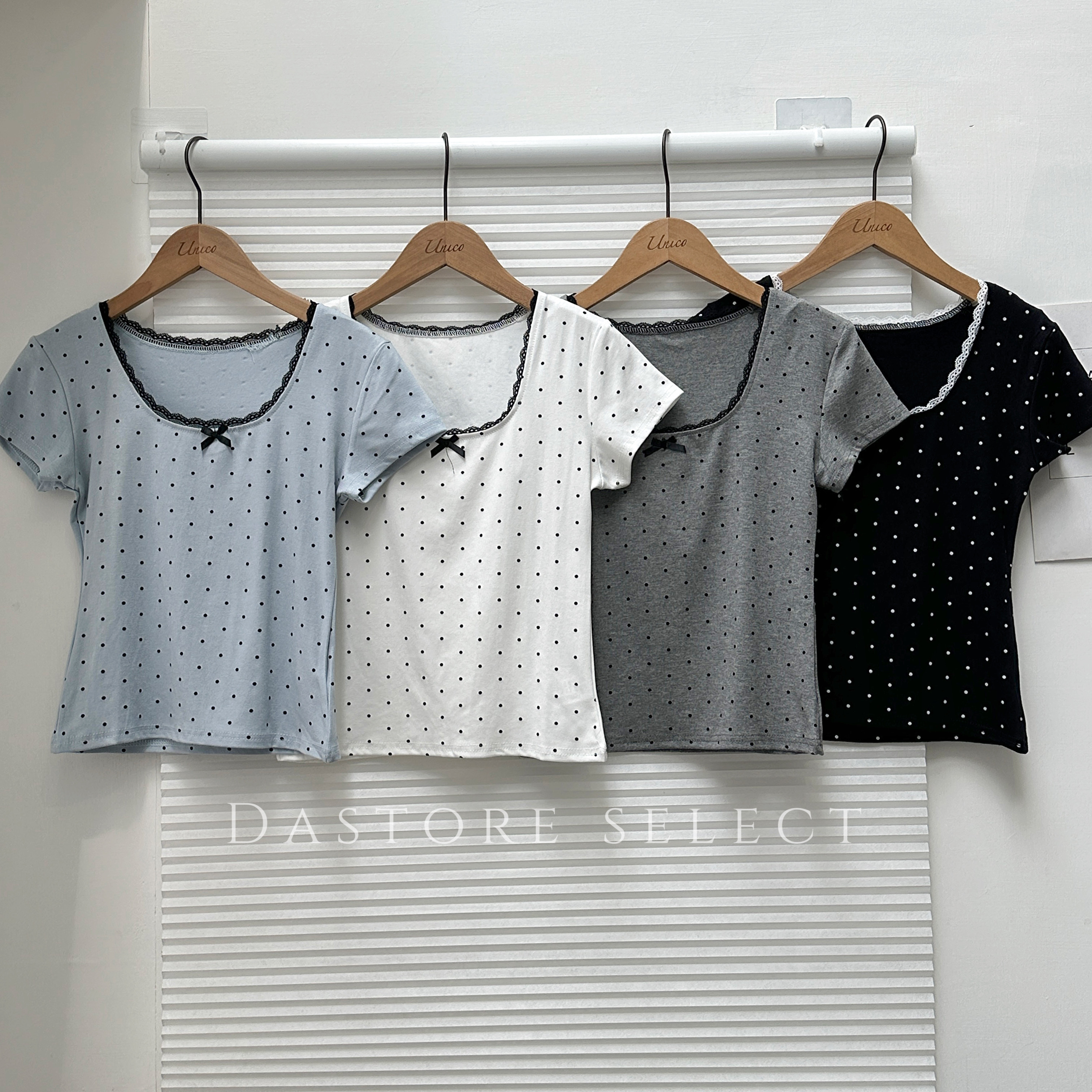 波點滾邊蕾絲方領上衣