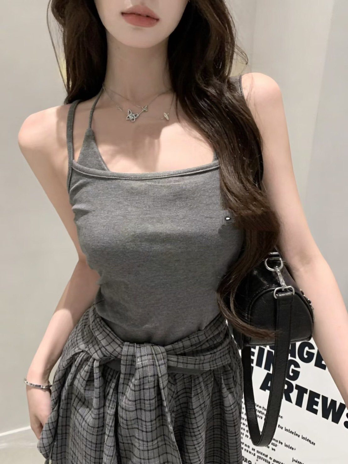 減齡洋氣吊肩假兩件式綁腰格紋洋裝🎀