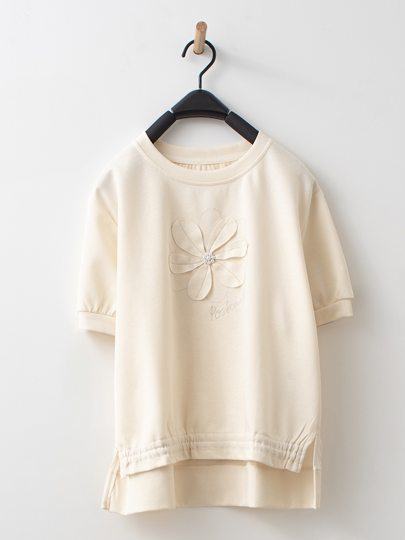 珍珠立體貼布刺繡圓領上衣
