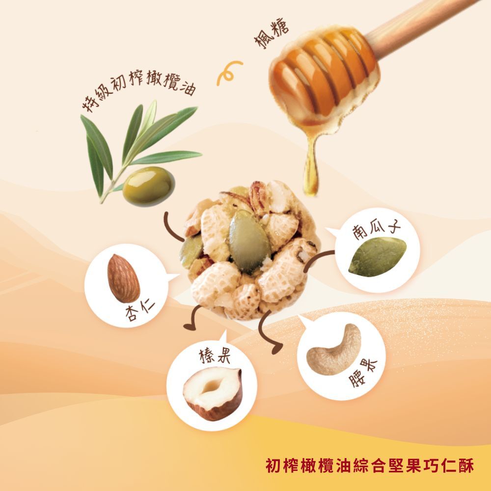 初榨橄欖油綜合堅果巧仁酥的美味秘密:特級初榨橄欖油、杏仁、南瓜子、腰果、榛果、糙米與楓糖