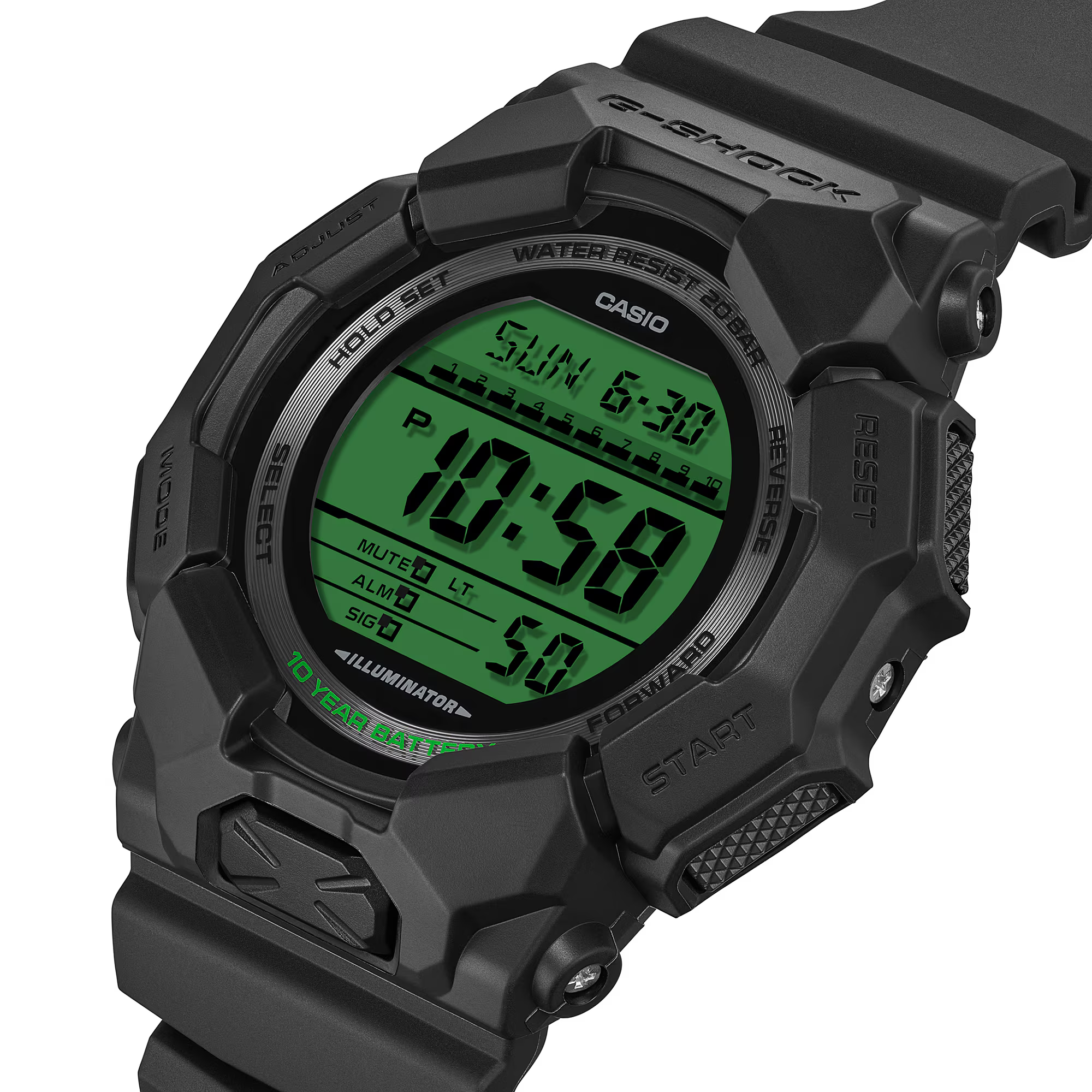 萬年鐘錶 - G-SHOCK 長效電池壽命電光綠電子錶 GD-010BEG-1 錶徑 : 51.9mm