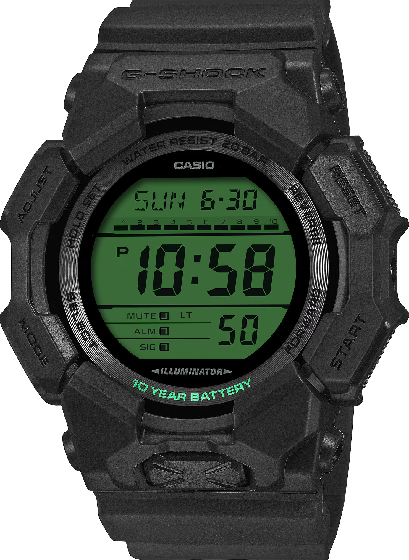 萬年鐘錶 - G-SHOCK 長效電池壽命電光綠電子錶 GD-010BEG-1 錶徑 : 51.9mm