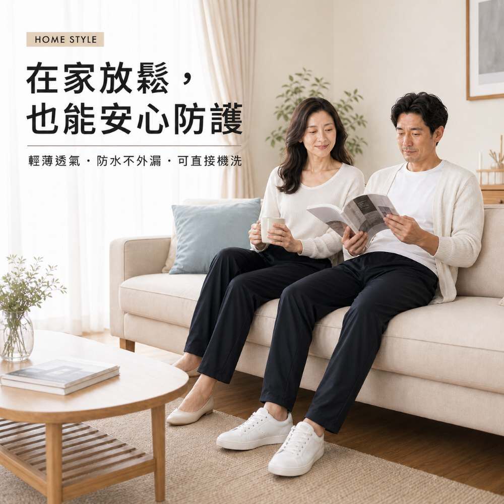 成人防漏尿褲居家穿著舒適自然,適合在家放鬆、久坐、休息與長輩日常照護,降低漏尿外滲焦慮