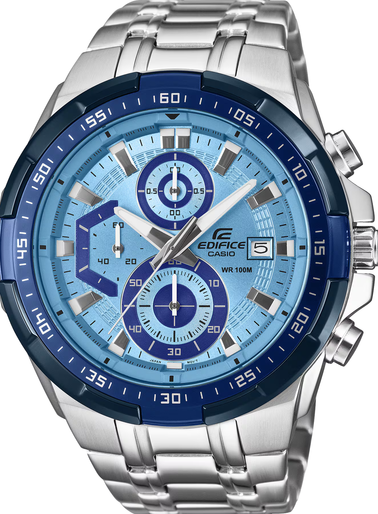 萬年鐘錶 - CASIO 卡西歐 EDIFICE 系列  強烈力量立體設計天空藍三眼不鏽鋼男錶 EFR-539DE-2A 錶徑 : 49.5MM