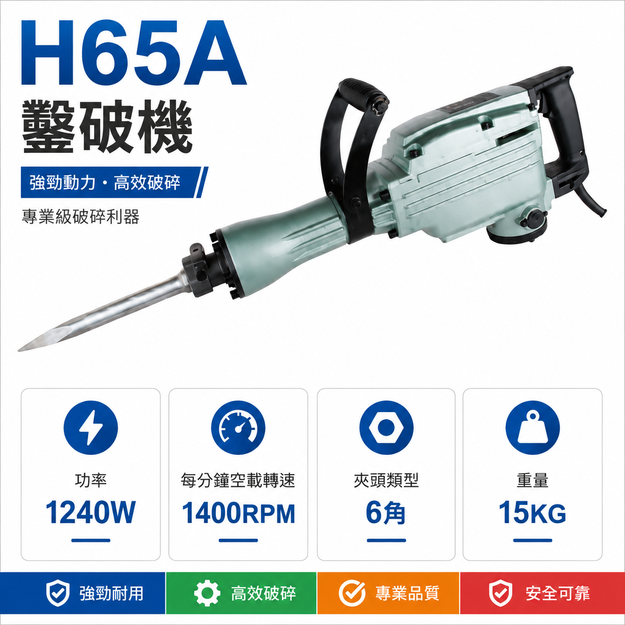 國強｜1240W 電動式電鎚 大型電動鎚鑽 強力型插電破壞鎚 插電式鑿破機 破碎機｜H65 H65A｜公司貨 (另詢問價格)