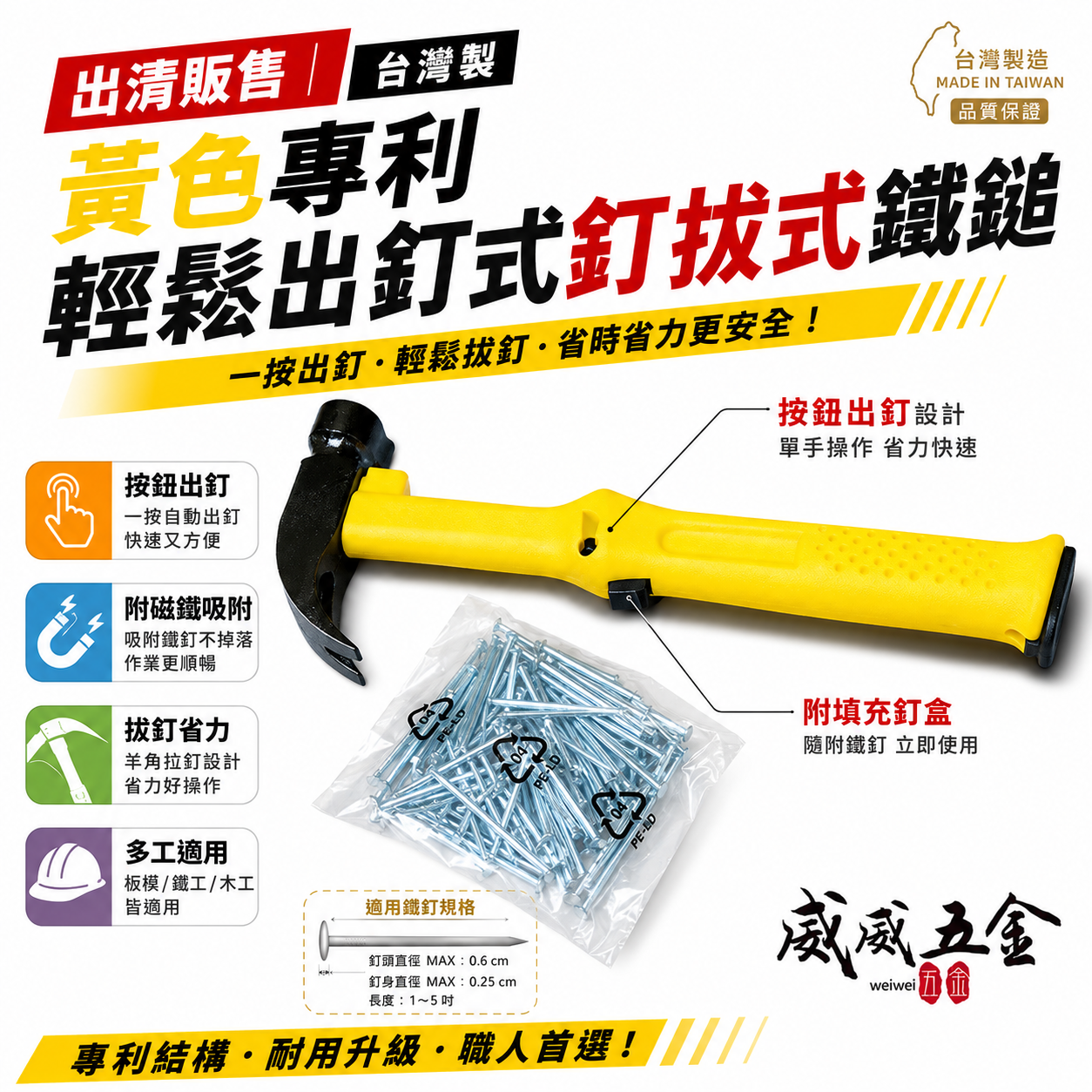 台灣製｜黃色-專利輕鬆出釘式釘拔式鐵鎚 可放置鐵釘按鈕出釘 附磁鐵可吸附鐵釘 板模鎚 鐵工鎚 木工槌｜盒裝版