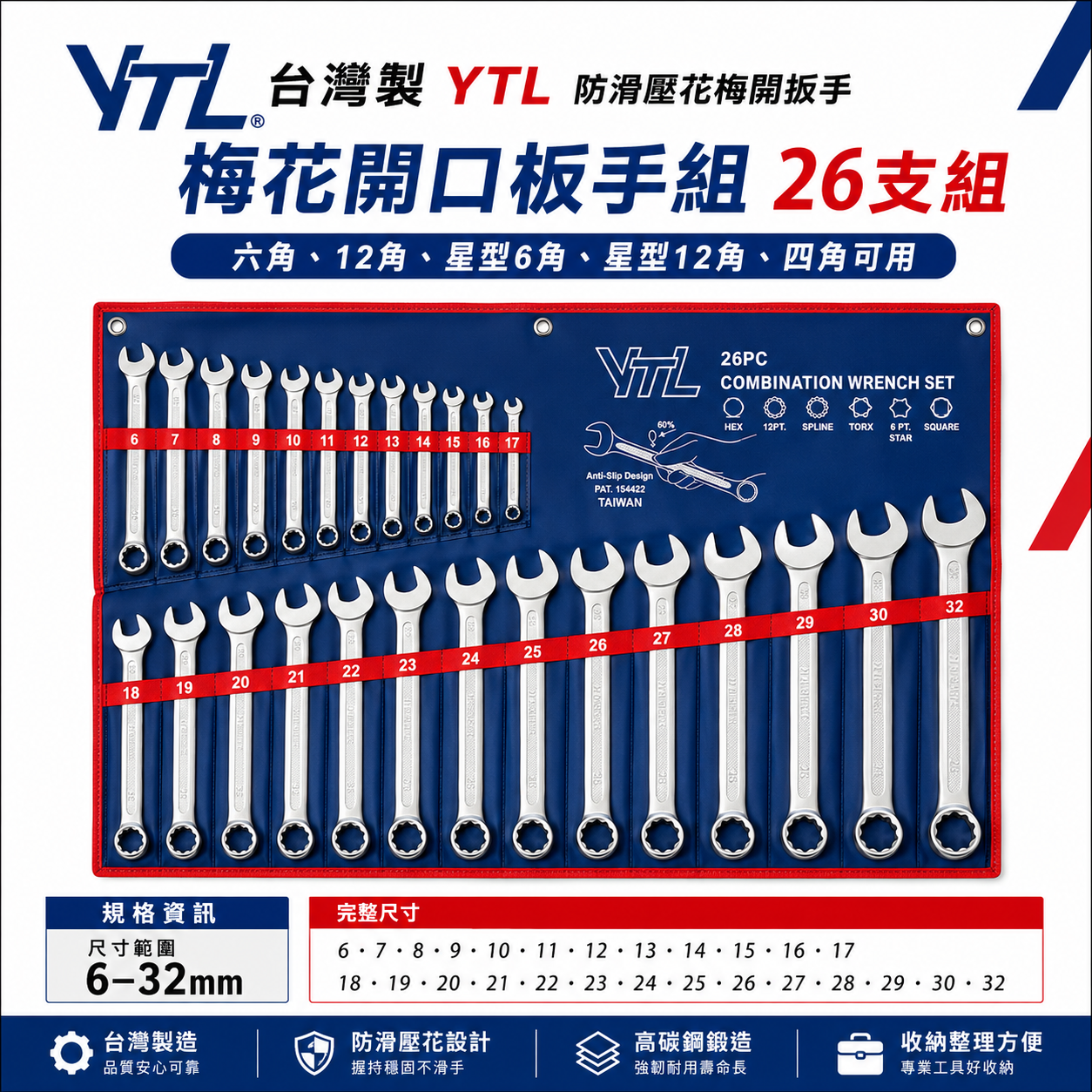 YTL｜規格 6-32mm 防滑壓花薄型梅開扳手 26支組｜齒套梅花開口板手組 梅開板手組｜附收納套｜台灣製