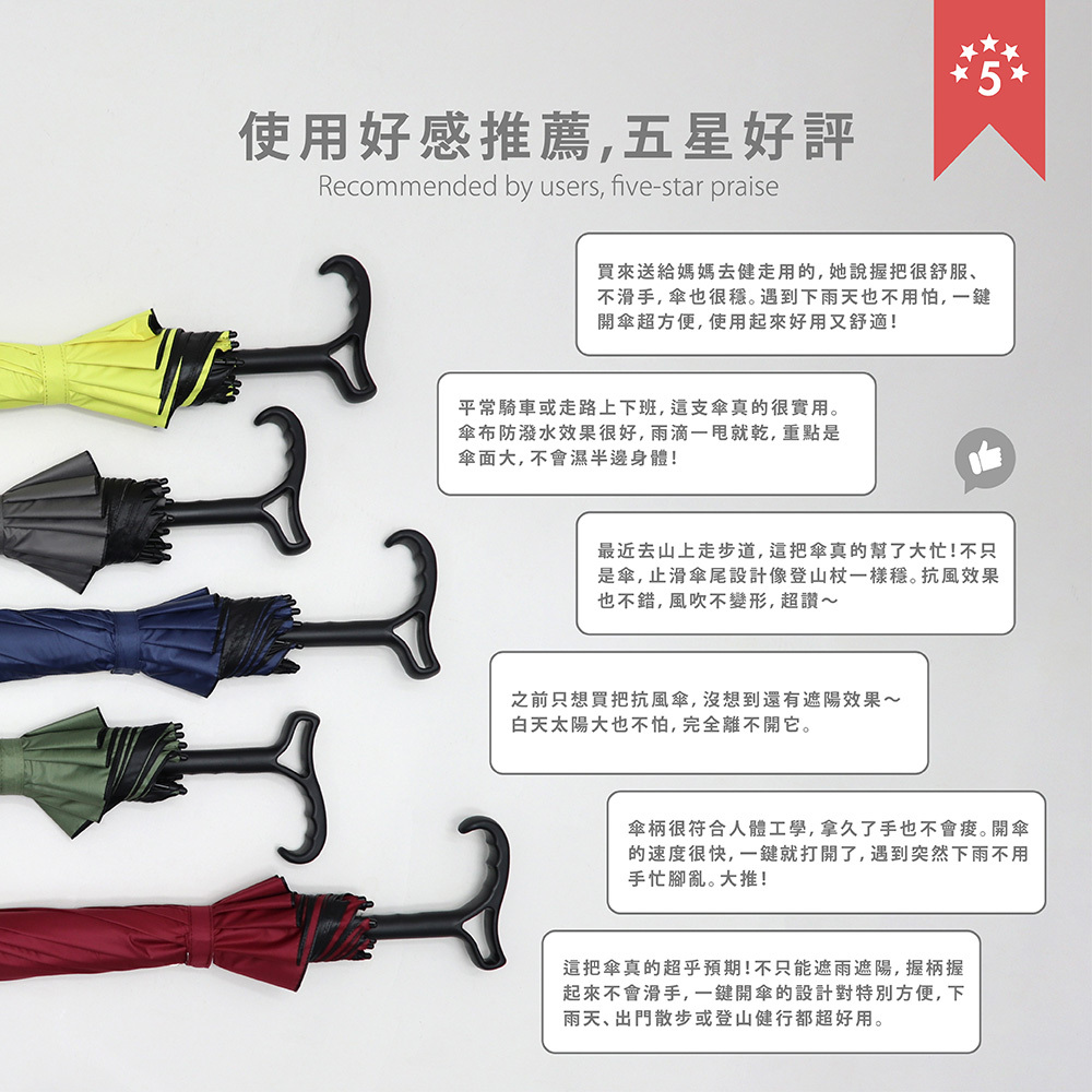 使用好感推薦，五星好評 Recommended by users, five-star praise. 25吋登山傘心得：適合送給媽媽去健行、一鍵自動開傘、防潑水傘布一甩就乾、抗風不變形、遮陽效果極佳，戶外散步登山推薦。