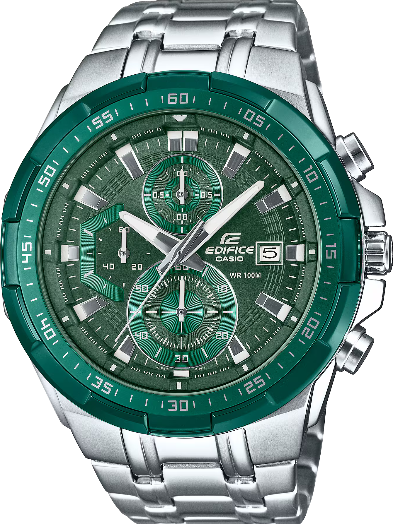 萬年鐘錶 - CASIO 卡西歐 EDIFICE 系列  強烈力量立體設計草原綠三眼不鏽鋼男錶 EFR-539DE-3A 錶徑 : 49.5MM