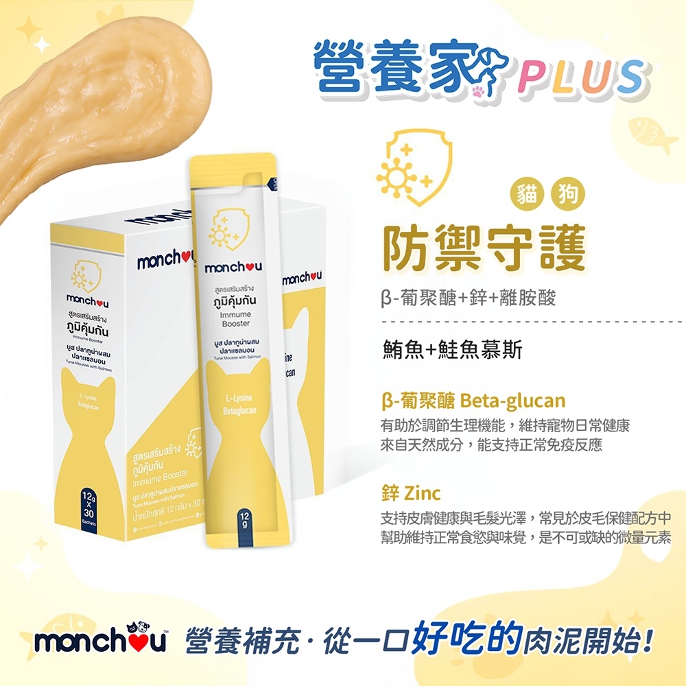 Monchou 萌啾｜營養家 PLUS犬貓保健肉泥12g/條 (元氣補鐵/毛髮亮麗/防禦守護/活力關節) 營養肉泥