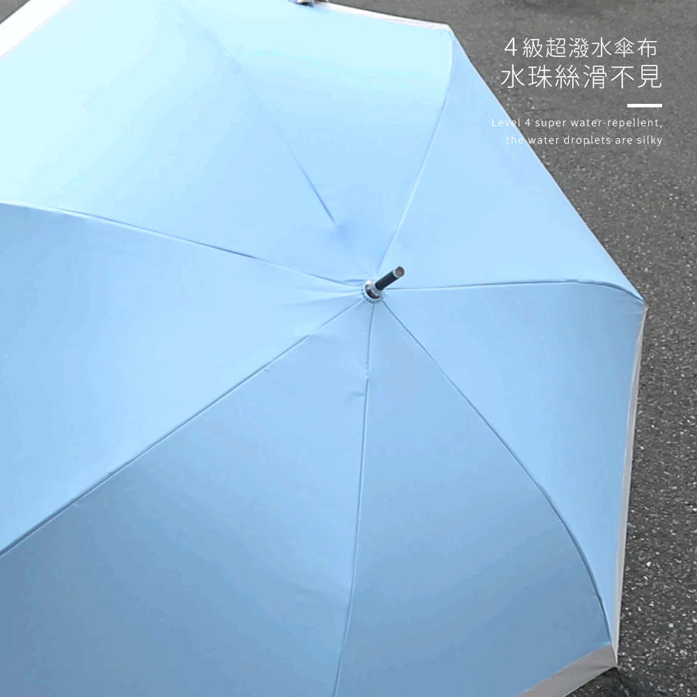 4級超潑水防曬傘布細節，雨滴在傘面呈荷葉效應滑落，「4級超潑水傘布 水珠絲滑不見」、「Level 4 super water-repellent, the water droplets are silky」，專業呈現卓越防水性能。