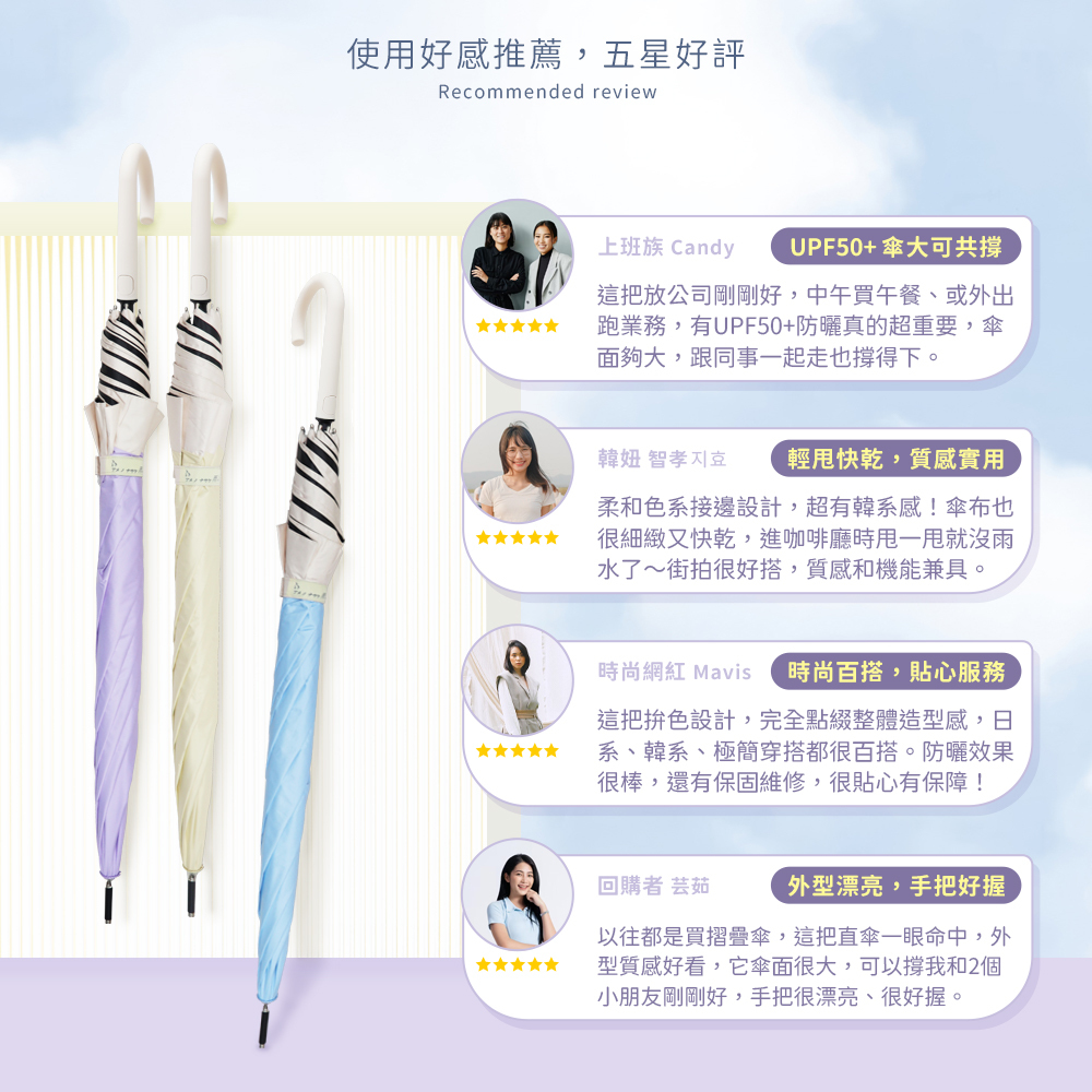 使用好感推薦，五星好評 Recommended review。包含上班族 Candy、韓妞 智孝、時尚網紅 Mavis 及回購者 芸茹之使用心得，強調 UPF50+ 傘大可共撐、輕甩快乾質感實用、時尚百搭貼心服務及外型漂亮手把好握。