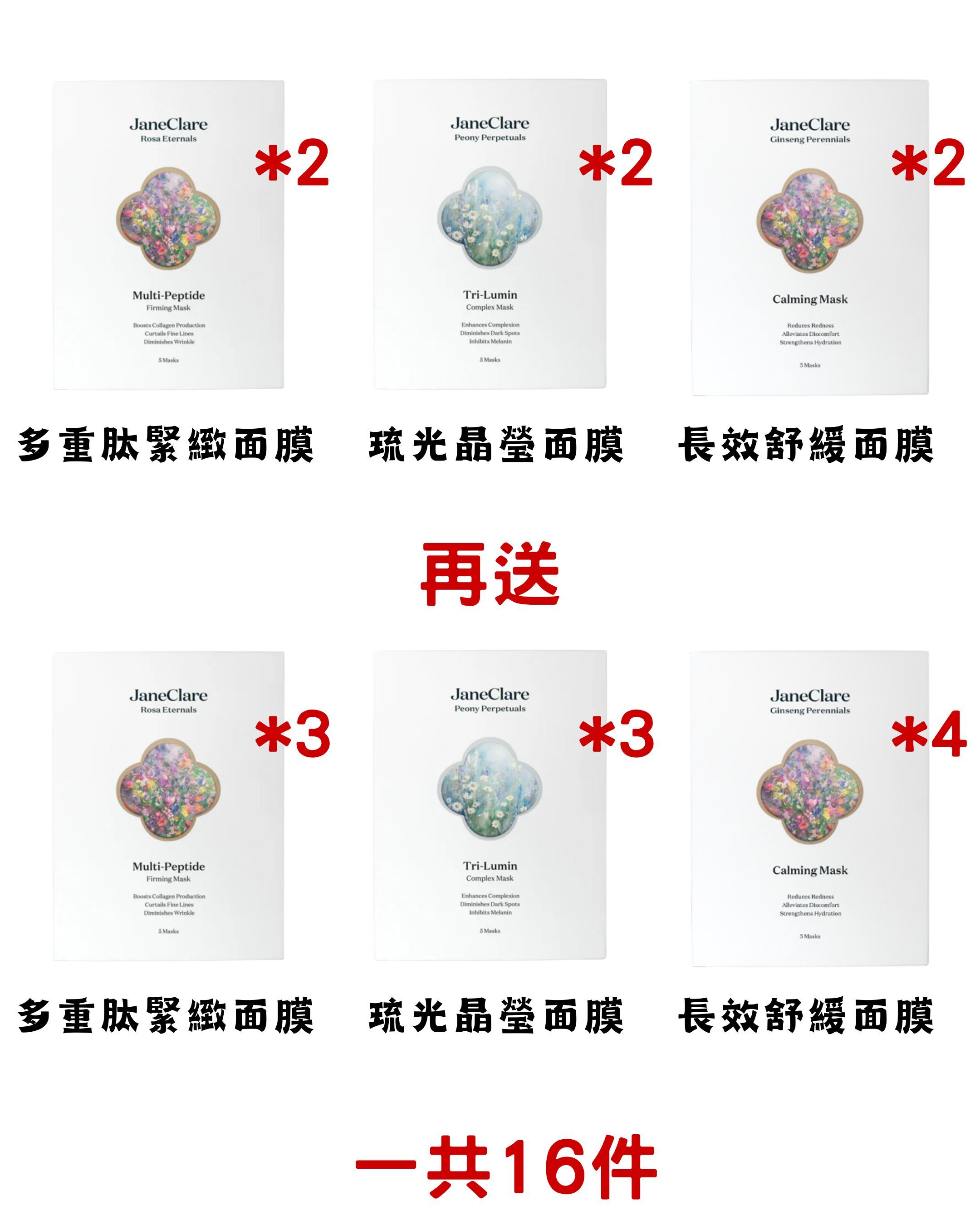 JaneClare 多重肽緊緻面膜2盒+琉光晶瑩面膜2盒+長效舒緩面膜2盒 (送多重肽緊緻面膜3盒+琉光晶瑩面膜3盒+長效舒緩面膜4盒)*折實滿$599包順豐智能櫃*125live