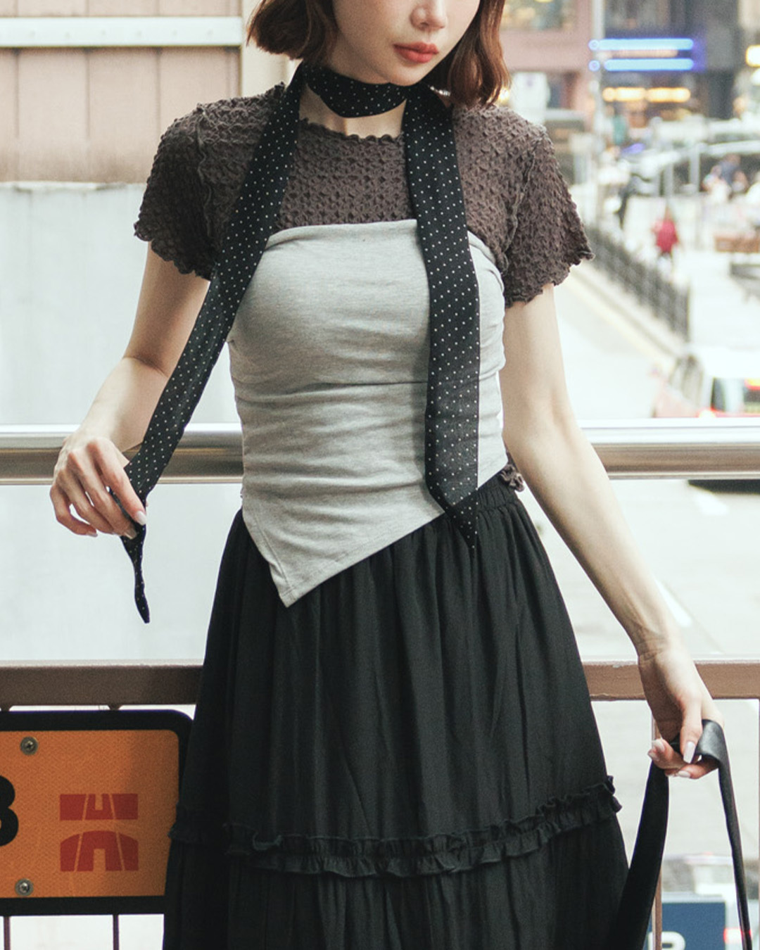 Textured all-over polka dot long scarf, available in two colors.【07130063】in stock+pre-order