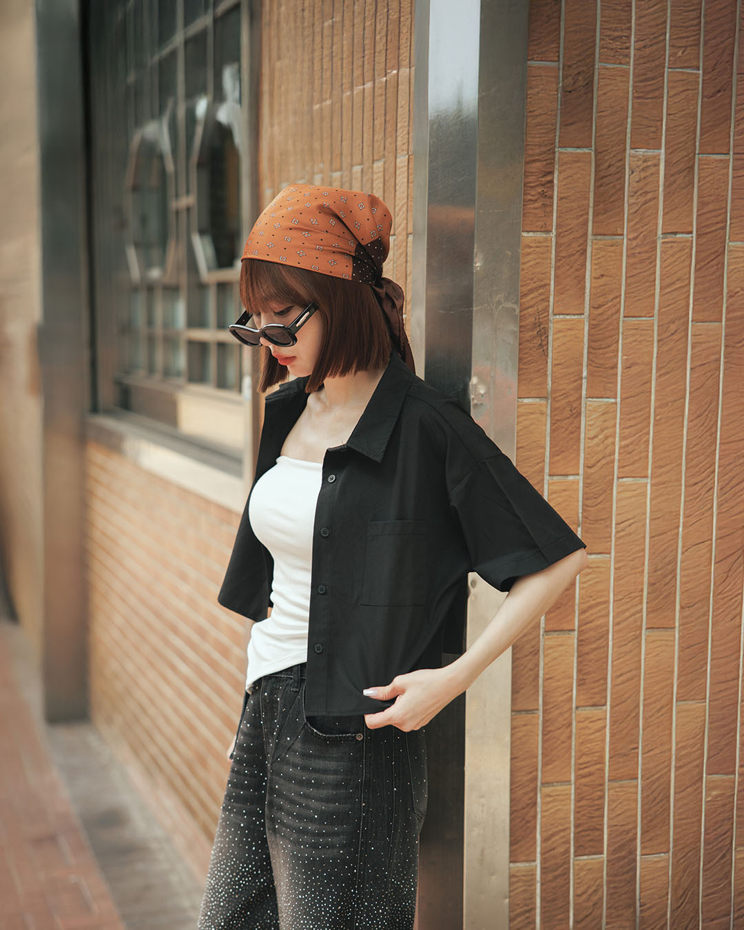 Large square scarf with polka dot pattern and color blocking【07130065】in stock+pre-order