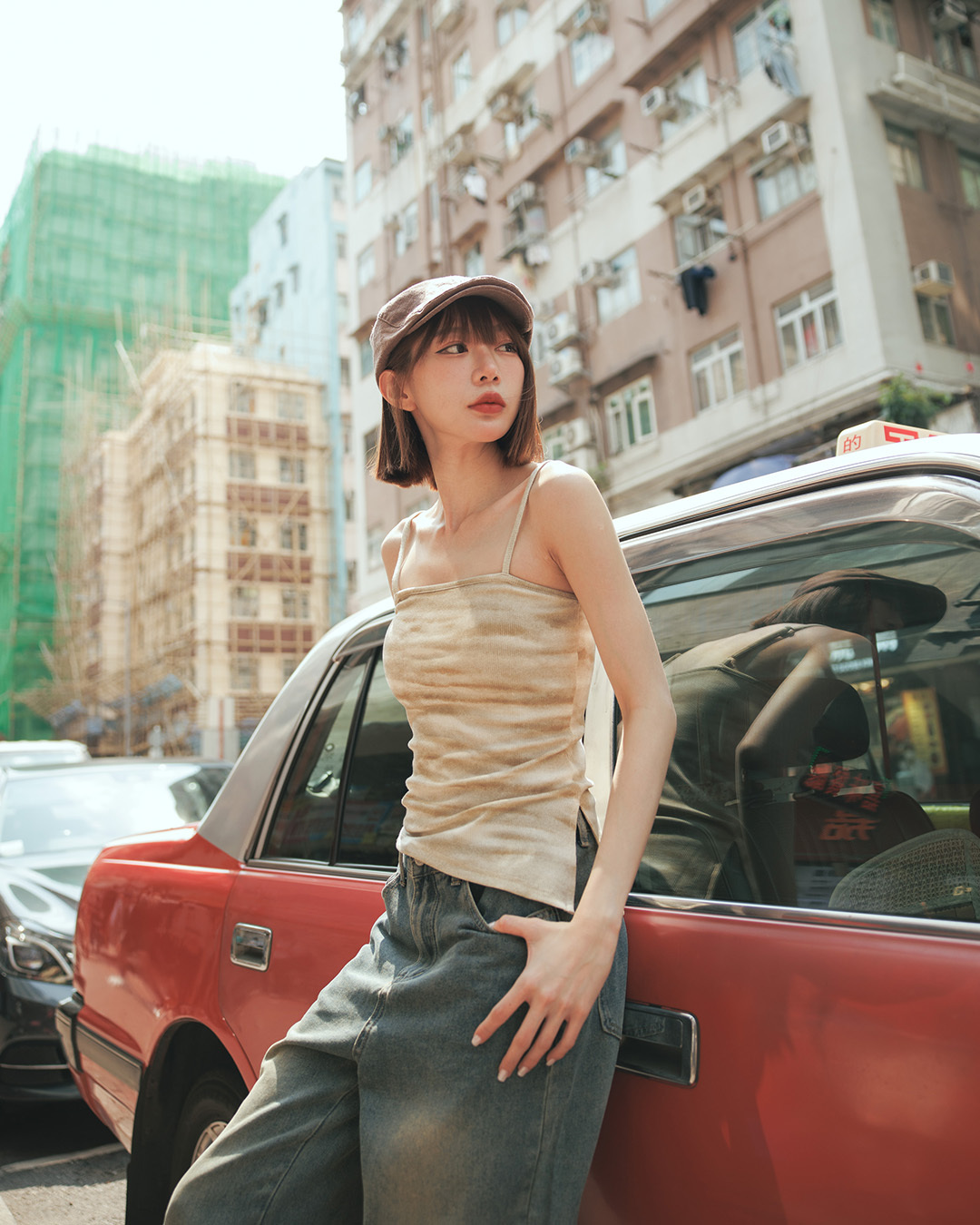Rendered side-slit spaghetti strap tank top, available in two colors S/M .【01099695】in stock+pre-order