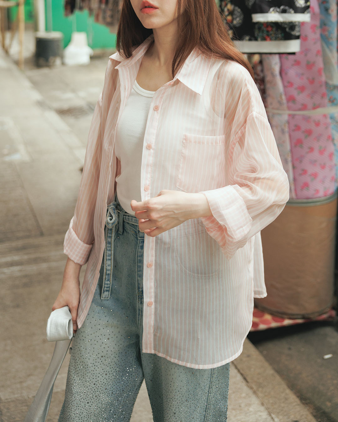 Casual striped sheer single-pocket shirt, available in three colors【01025732】in stock+pre-order